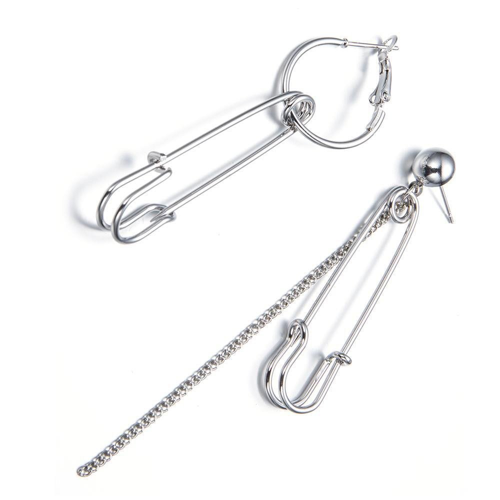 Stylish Long Tassel Asymmetric Safety Pin Chain Drop Earrings for Women & Men - Punk U-Shaped Dangle Earrings for Parties, Concerts & Gothic Fashion