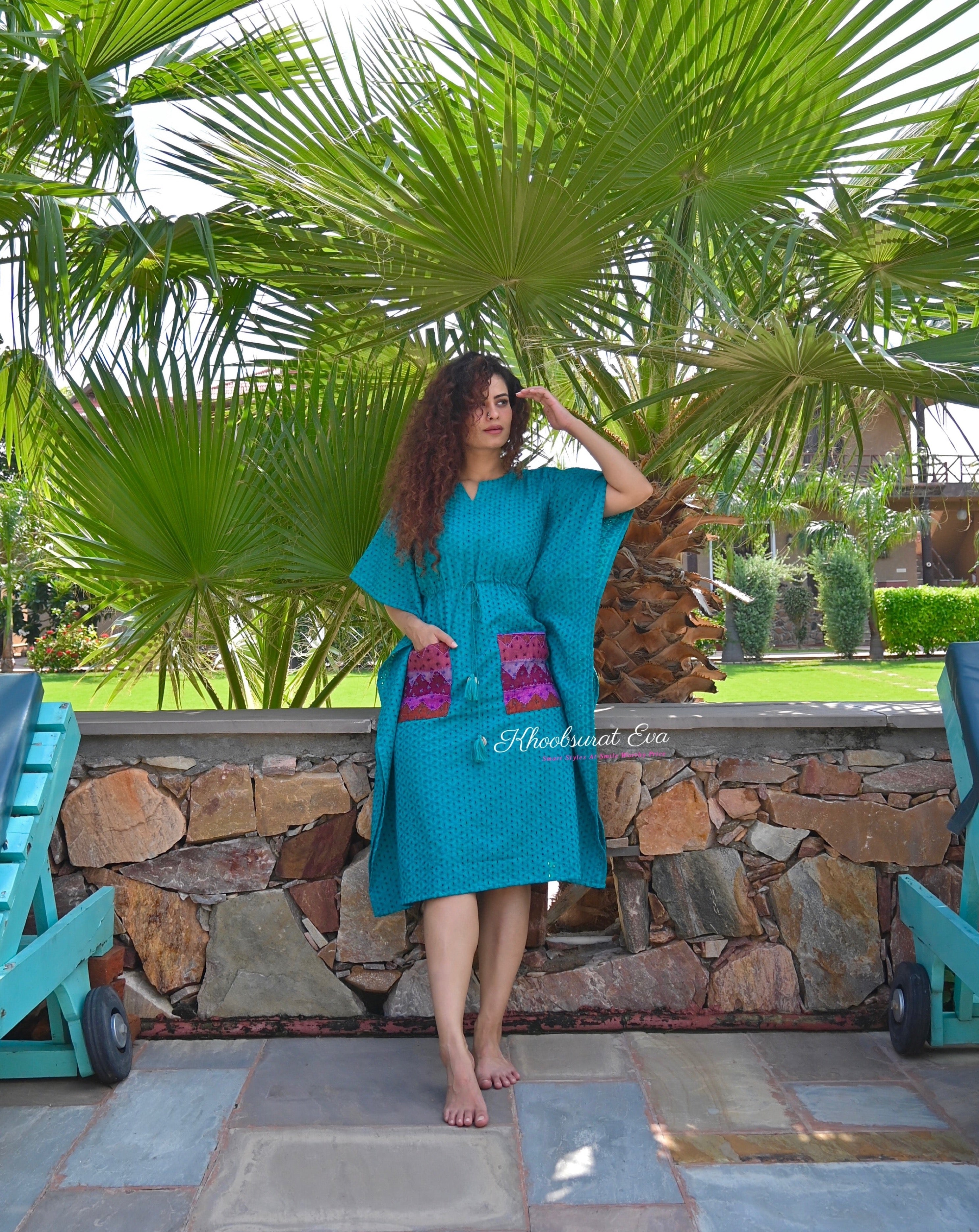 Exquisite Turquoise Chikankari Kaftan Dress for Women - Elegant Embroidered Long Maxi Dress - Perfect for Summer Beach, Boho Festival & Vacation Wear