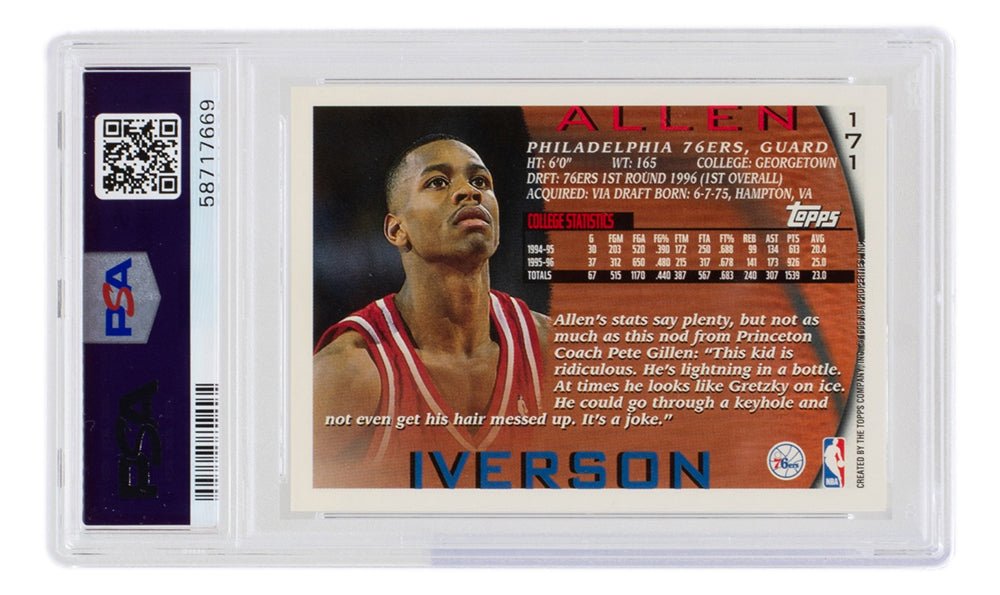 1996 Allen Iverson Philadelphia 76ers Rookie Card #171 Topps PSA 9 Mint - Perfect for NBA Memorabilia Collectors & 76ers Fans Display