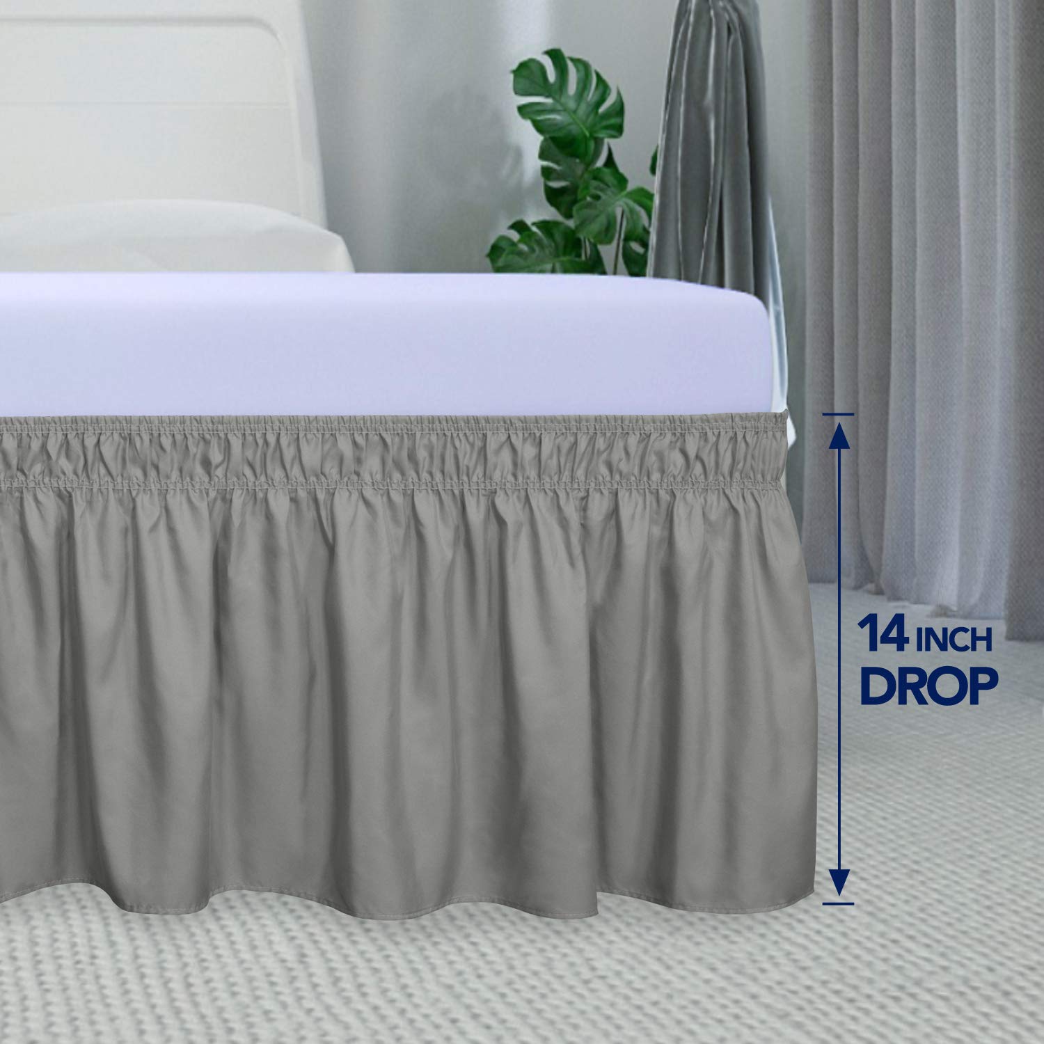PureFit Wrap Around Ruffled Bed Skirt with Adjustable Elastic Belt - 14 Inch Drop Easy to Install, Wrinkle-Free Dust Ruffle for Queen, King & California King Size Beds | Perfect Bed Frame Cover for Hotels, Guest Rooms & Master Bedrooms (Gray)