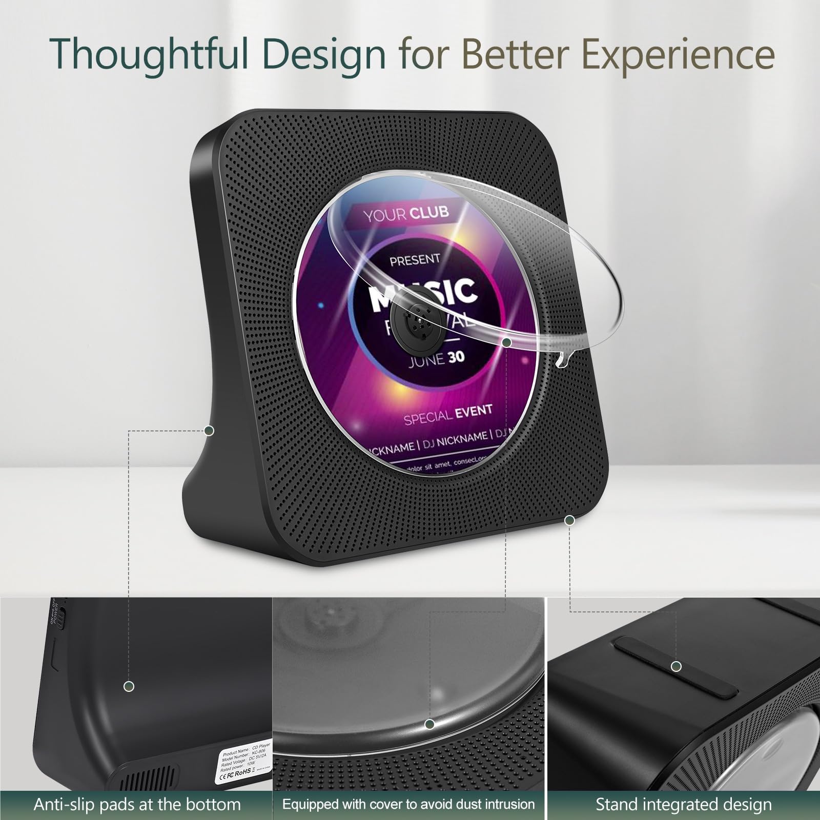 Portable Bluetooth CD Player with Built-in Speakers, AUX/USB Port, LCD Display & Remote Control - Wireless Music Streaming for Home, Office & Car Use | Dustproof Cover & Sleep Timer Function