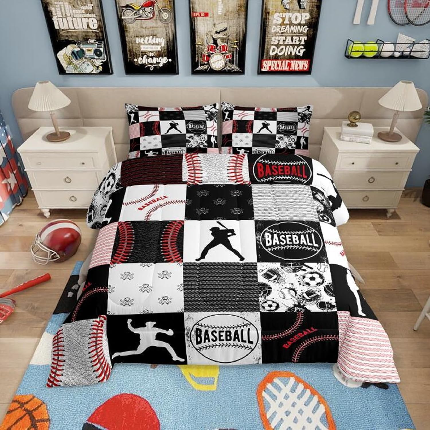 Erosebridal Twin Size Kids Baseball Comforter Set - Softball Themed Bedding with Patchwork Design, Red Black Gray Quilted Down Alternative Duvet Insert (2 Piece Set) | Perfect for Boys/Girls Bedrooms, Sports Themed Decor, and Baseball Gift Ideas