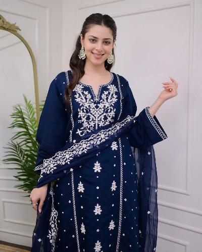 Navy Blue Embroidered Salwar Suit with Organza Dupatta - Traditional Indian Outfit for Women - Perfect for Weddings, Festivals & Special Occasions