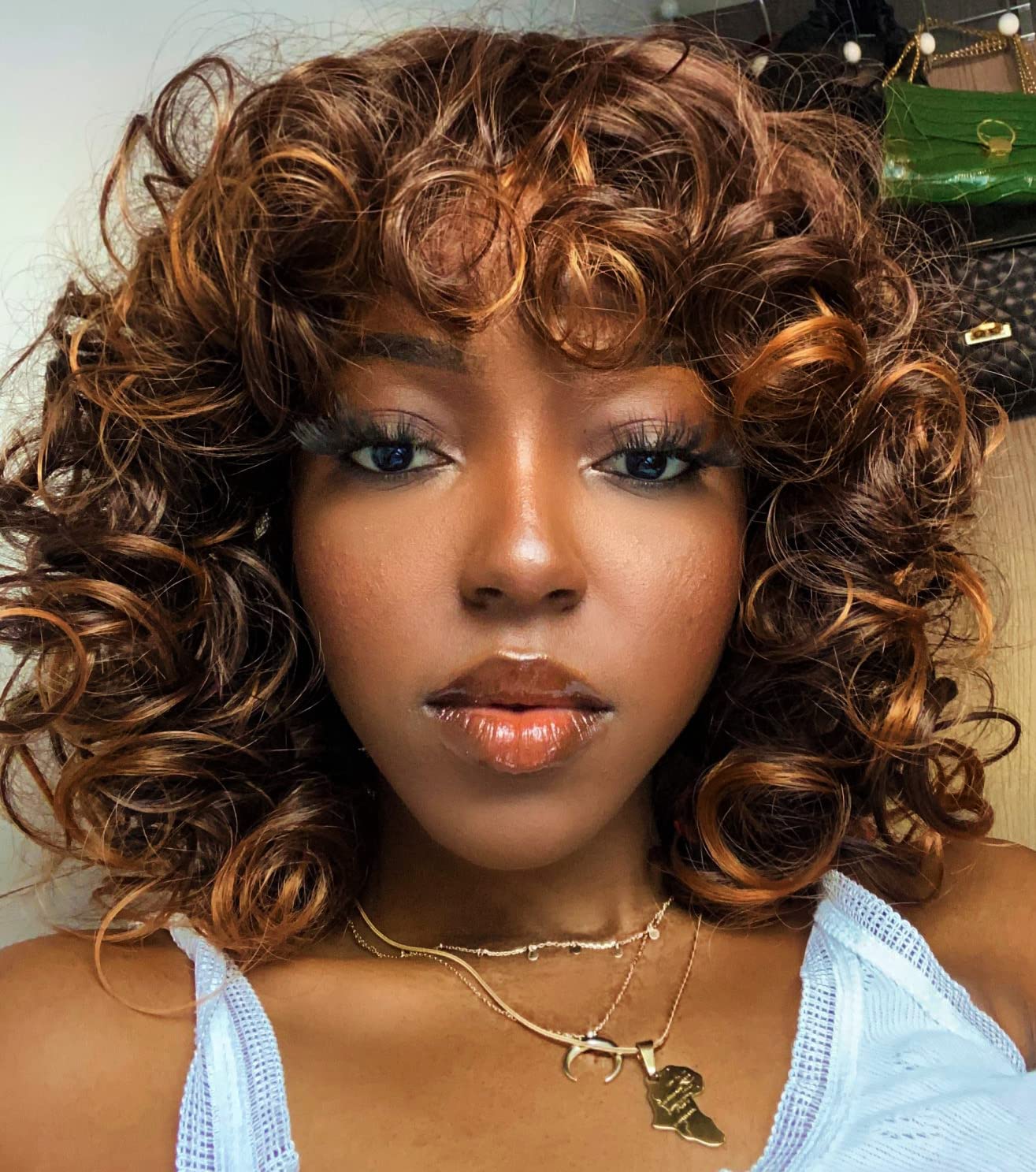 KEAT Short Big Curly Kinky Wigs for Black Women - Afro Wavy Mixed Brown Synthetic Wig with Bangs | Natural-Looking Synthetic Hair for African American Women | Perfect for Daily Wear, Cosplay & Special Occasions