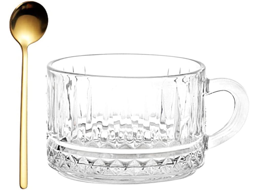 Personalized 14oz Stackable Coffee Mugs with Handle - Clear Vintage Embossed Tea Cups for Latte, Espresso & Hot Beverages - Perfect Gift for Coffee Lovers, Housewarming & Office Use (Diamond Pattern)
