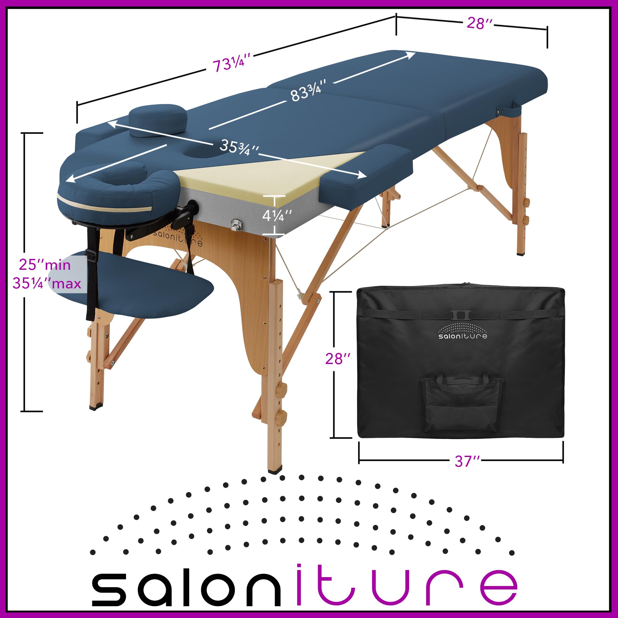 Saloniture Professional Memory Foam Folding Massage Table - Portable Spa Table with Carrying Case, Blue | Perfect for Home Massage, Mobile Therapists & Salon Treatments