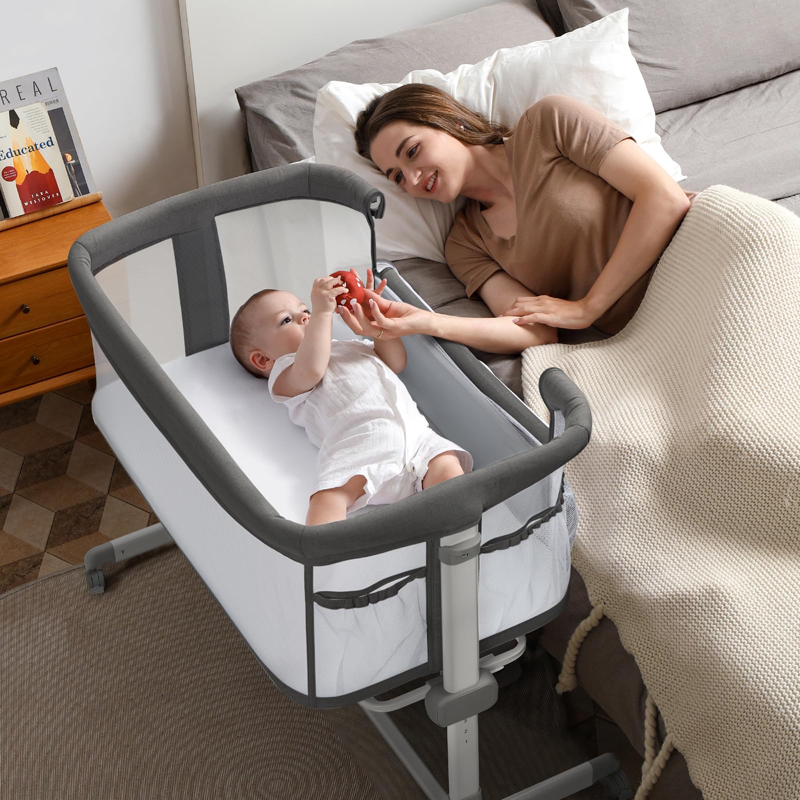Besrey Baby Bassinet Bedside Sleeper - Breathable Mesh Crib for Newborns with Adjustable Height & 360° Wheels | Portable Infant Bed with Storage Pockets | Perfect for Nursery, Bedroom & Travel
