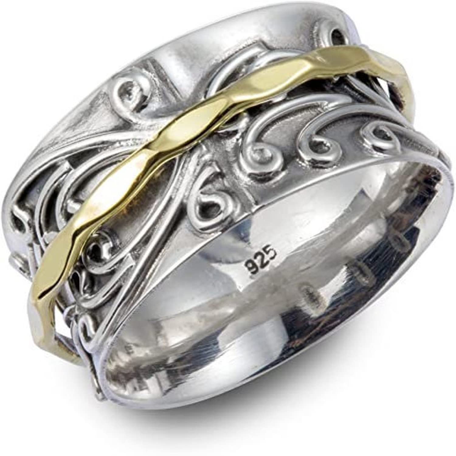 Two Tone Silver Spinner Ring - 925 Sterling Silver Meditation & Anxiety Ring - Handmade Engraved Thumb Spinner Ring for Stress Relief - Boho Style Jewelry for Engagement, Christmas Gifts & Everyday Wear