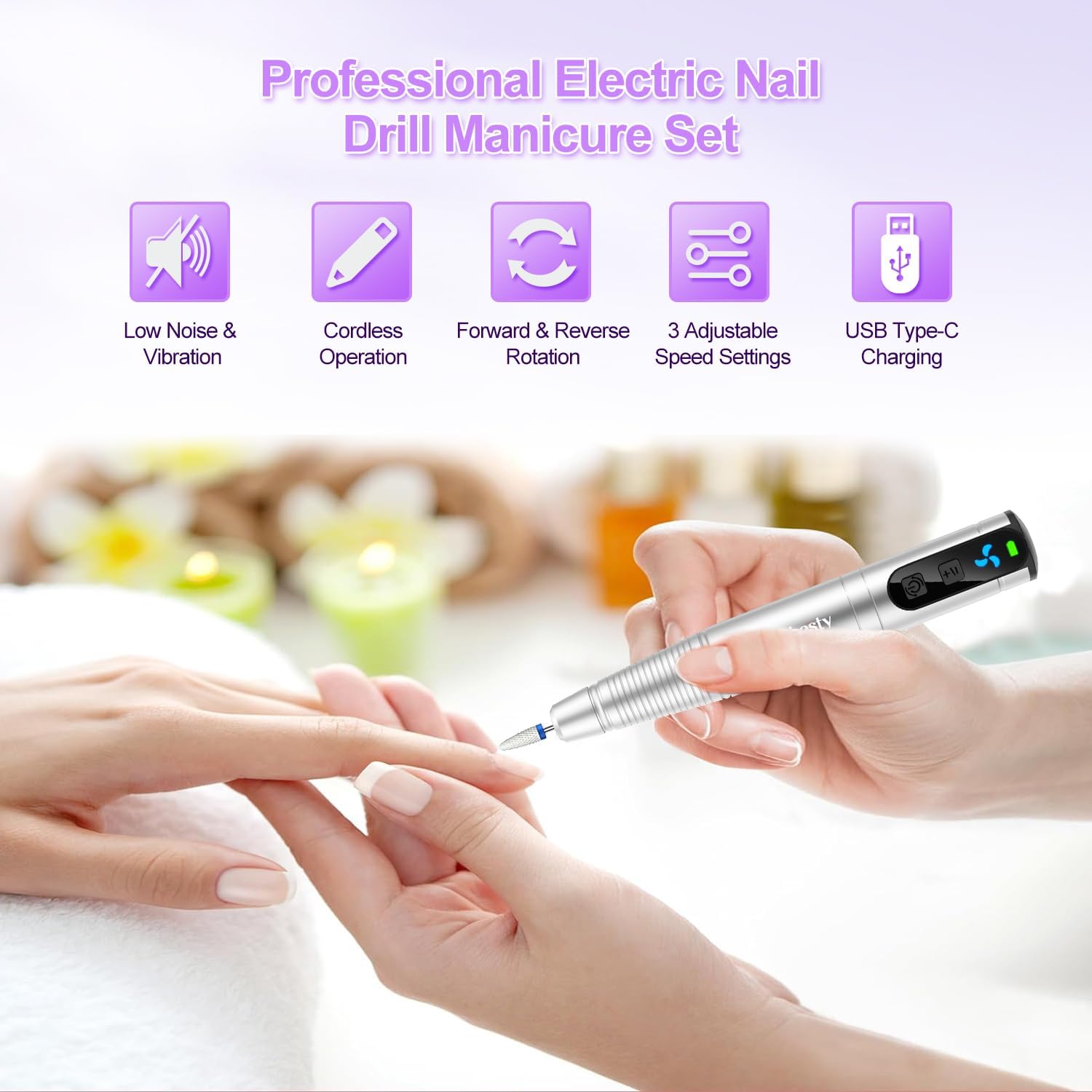 Asimebesty Cordless Electric Nail Drill & Buffer - 20000RPM Professional Nail File Kit for Acrylic/Gel Nails Removal, 12-in-1 Portable Manicure Set with Accessories - Perfect for Home Salon, Nail Art Beginners & Professional Use