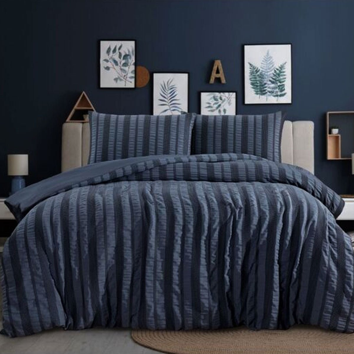 Ardor Seersucker Quilt Cover Set - Lisbon Indigo Queen Size Bedding - Breathable & Stylish for Summer Nights & Guest Room Decor