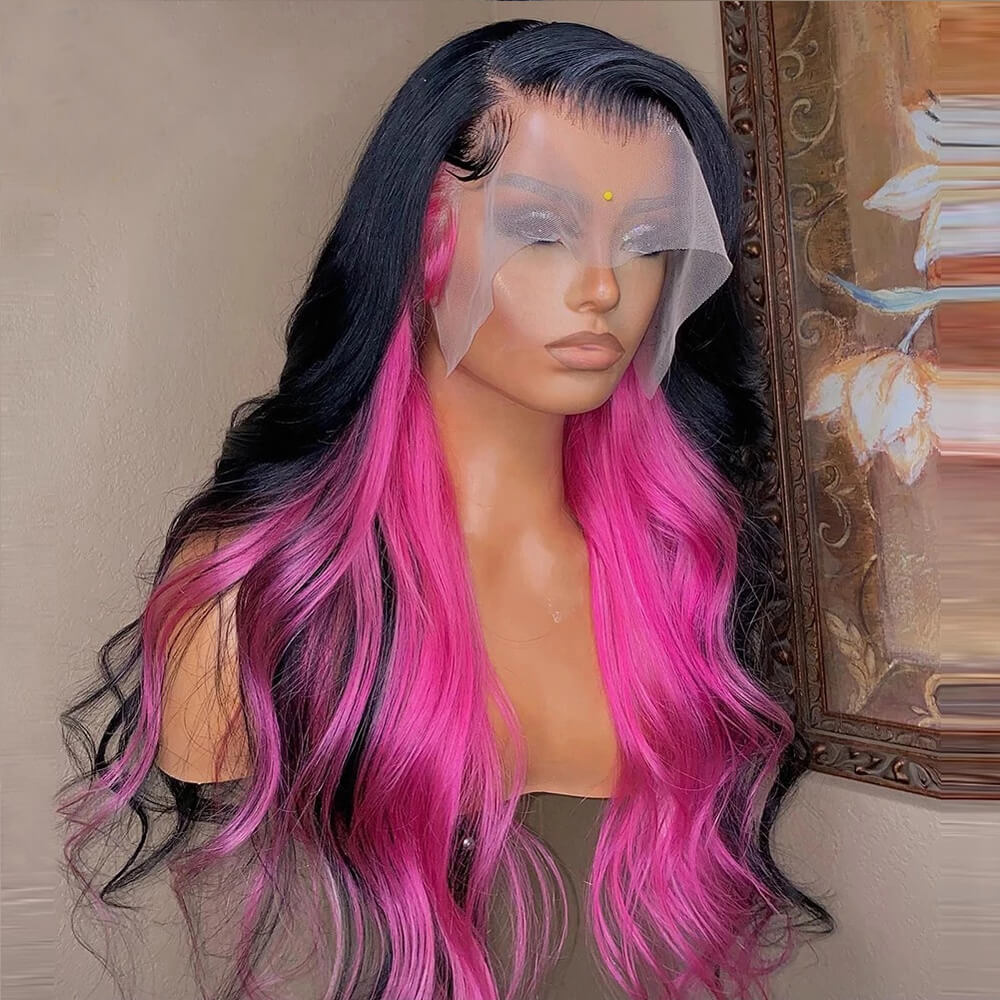 Eullair Human Hair Lace Frontal Wig with Trendy Inner Color (Red/Pink) - Perfect for Daily Wear, Parties & Special Occasions