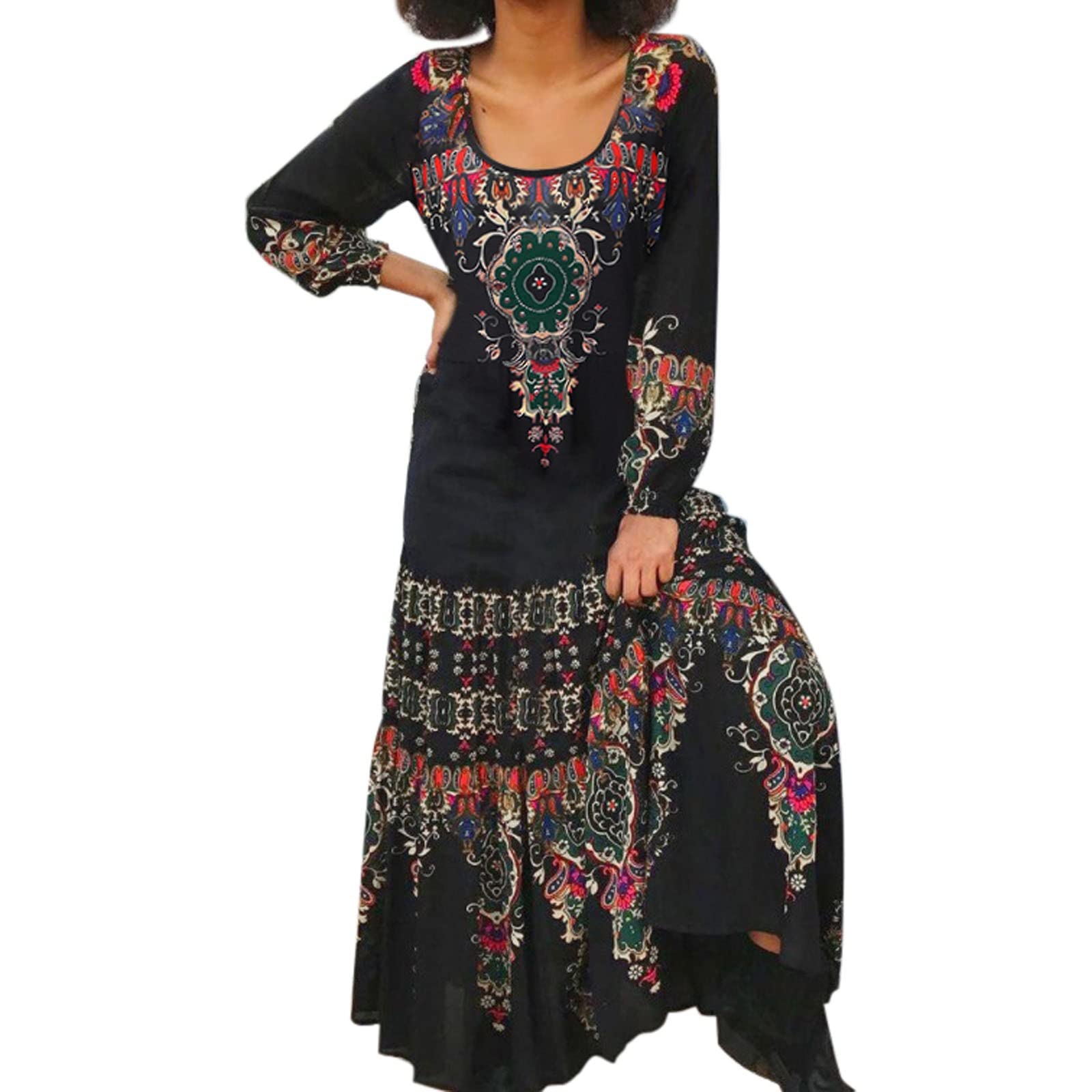 Women's Black Cotton Maxi Dress with Ethnic Print - Short/Long Sleeve Flowy Flared Round Neck Dress for Vacations, Beach, Summer Outfits & Boho Style