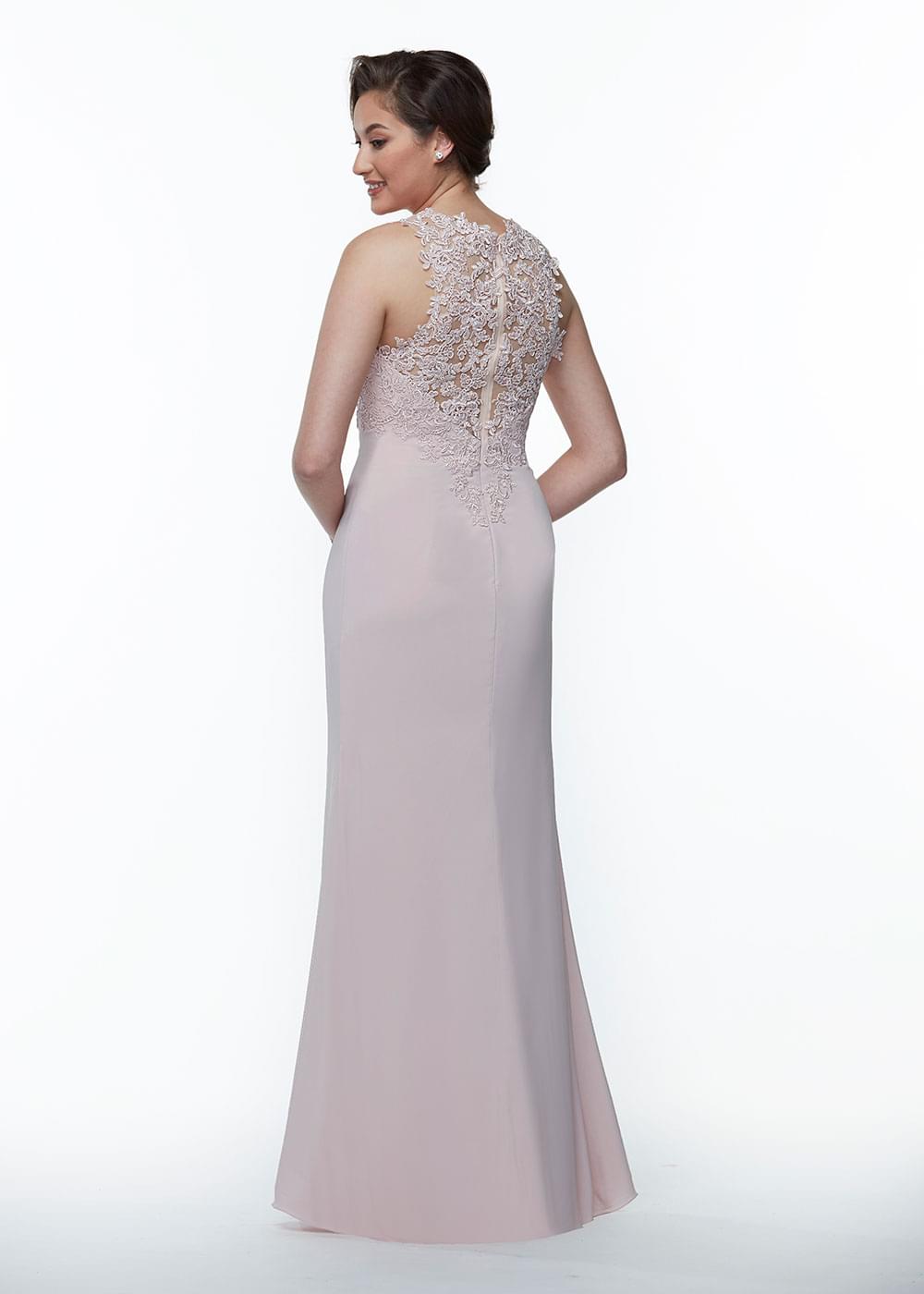 Elegant 80105 Fit and Flare Stretch Chiffon Bridesmaid Dress with Illusion Lace Neckline - Perfect for Weddings, Formal Events & Special Occasions