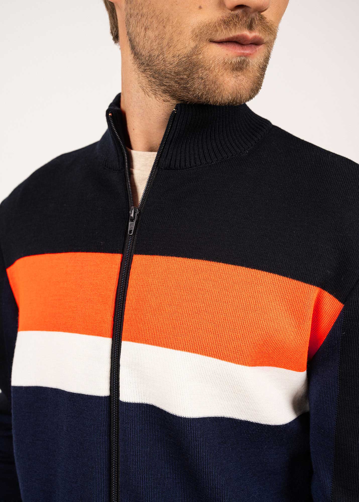 BARNEVILLE Men's 100% Wool Full Zip Knit Cardigan - Dark Blue, Navy, Neon Orange, White | Warm & Stylish Winter Layering for Casual Outfits & Office Wear