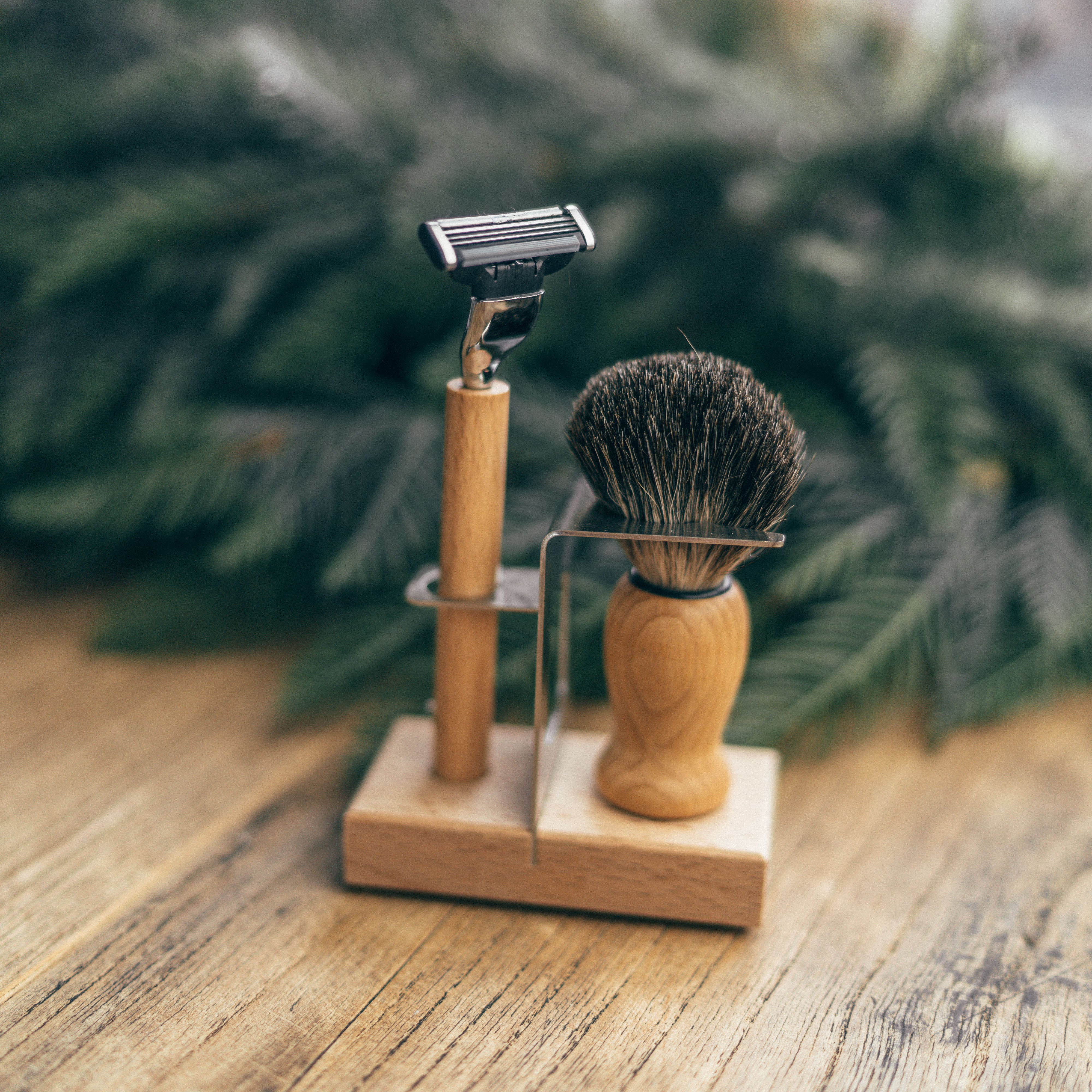 Premium Beechwood & Stainless Steel Shaving Brush and Razor Stand - Durable Bathroom Organizer for Wet Shaving Accessories | Perfect Gift for Men's Grooming Essentials
