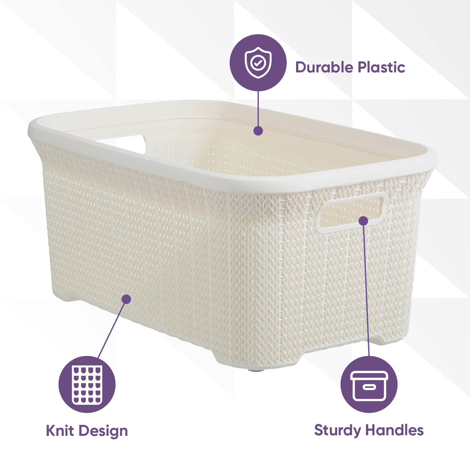Plastic Laundry Basket with Cut-Out Handles - 40L Small Storage Hamper for Clothes Organization | Space-Saving Cream Knit Design for Laundry Room, Bedroom & Bathroom | Perfect for College Dorms, Apartments and Small Spaces