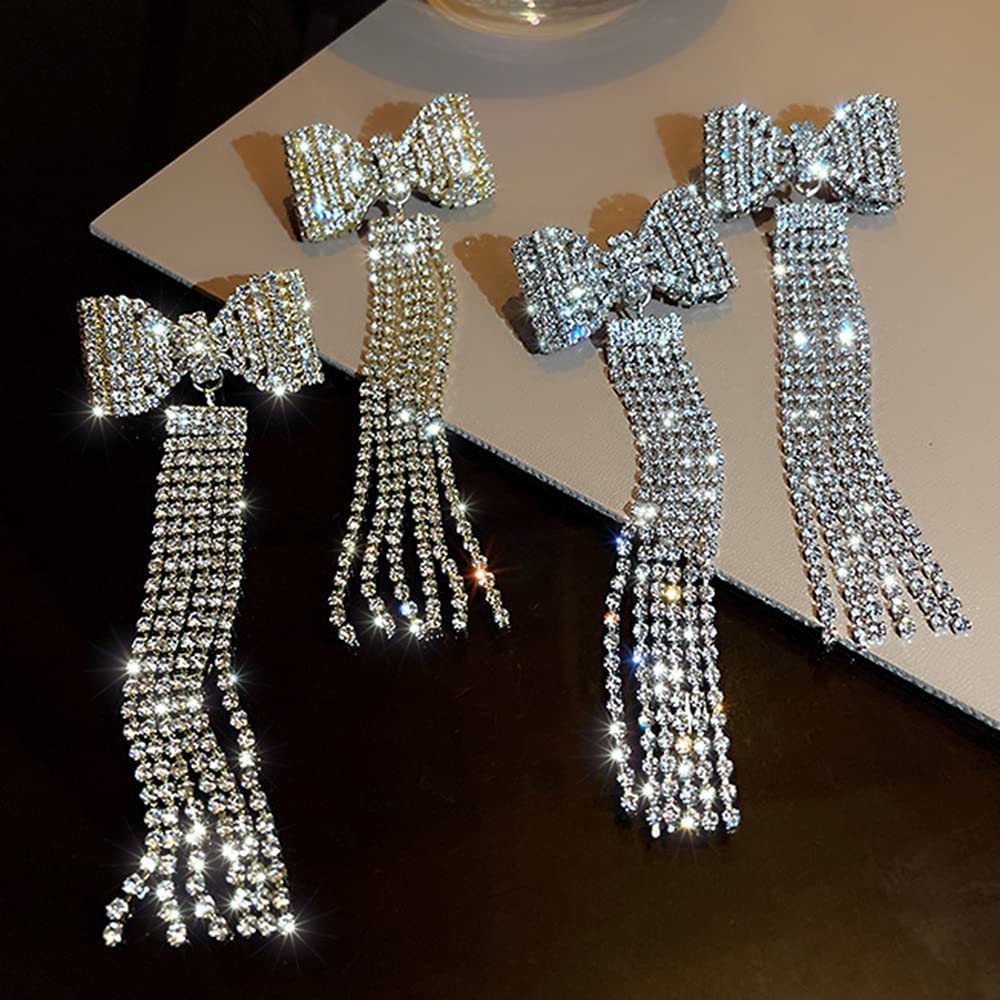 Wiwpar Elegant Long Fashion Bow Tassel Earrings for Women - Sparkling Rhinestone Dangle Earrings with Diamond Accents | Perfect for Parties, Weddings & Special Occasions