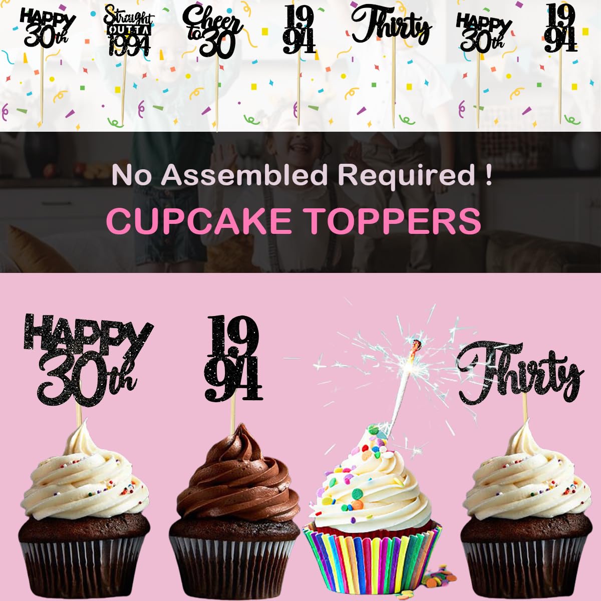 30PCS 30th Birthday Cupcake Toppers - Gold & Black Party Decorations for Men & Women - 1994 Themed 30th Birthday Party Supplies - Perfect for Anniversary Celebrations & Milestone Parties