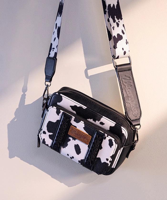 Wrangler Cow Print Crossbody Bag for Women - Stylish Western Cowhide Leather Purse with Adjustable Strap - Perfect for Casual Outings, Travel & Shopping
