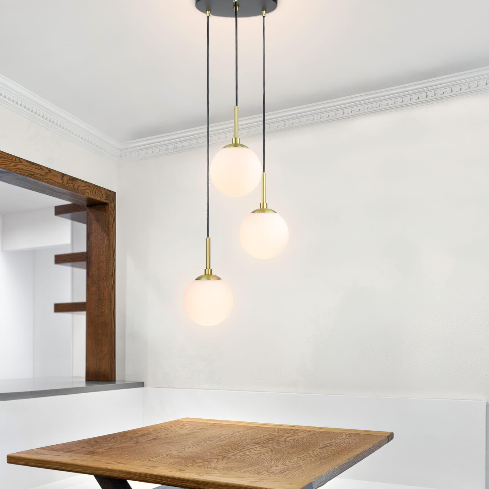 XiNBEi Lighting 3-Light Globe Cluster Pendant Light - Modern Adjustable Black Brass Chandelier for Kitchen Island, Stairwell & Staircase Lighting | Dining Room, Foyer & Bedroom Decoration