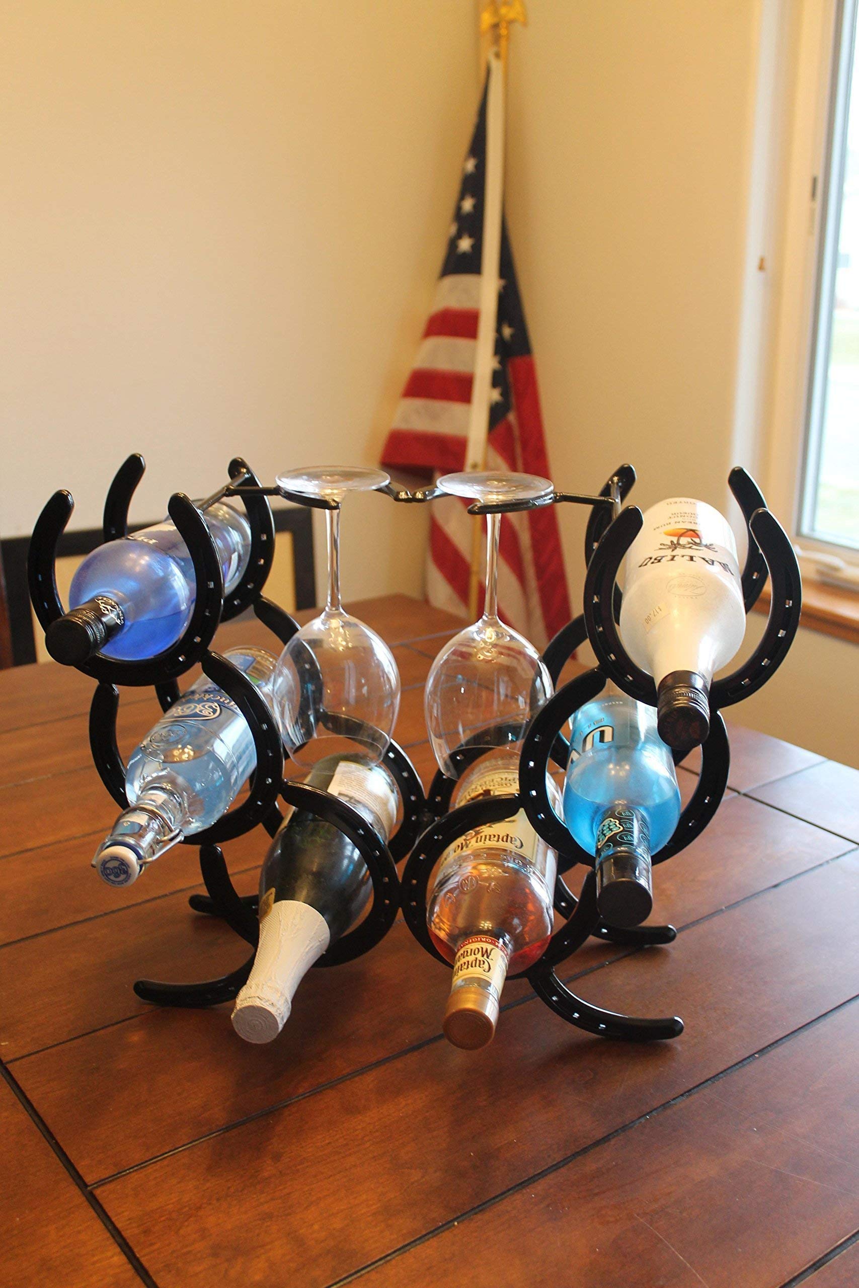 Sturdy Horseshoe Wine Rack - Holds 6 Wine Bottles & 2 Glasses - Perfect for Kitchen, Bar, or Dining Room Decor