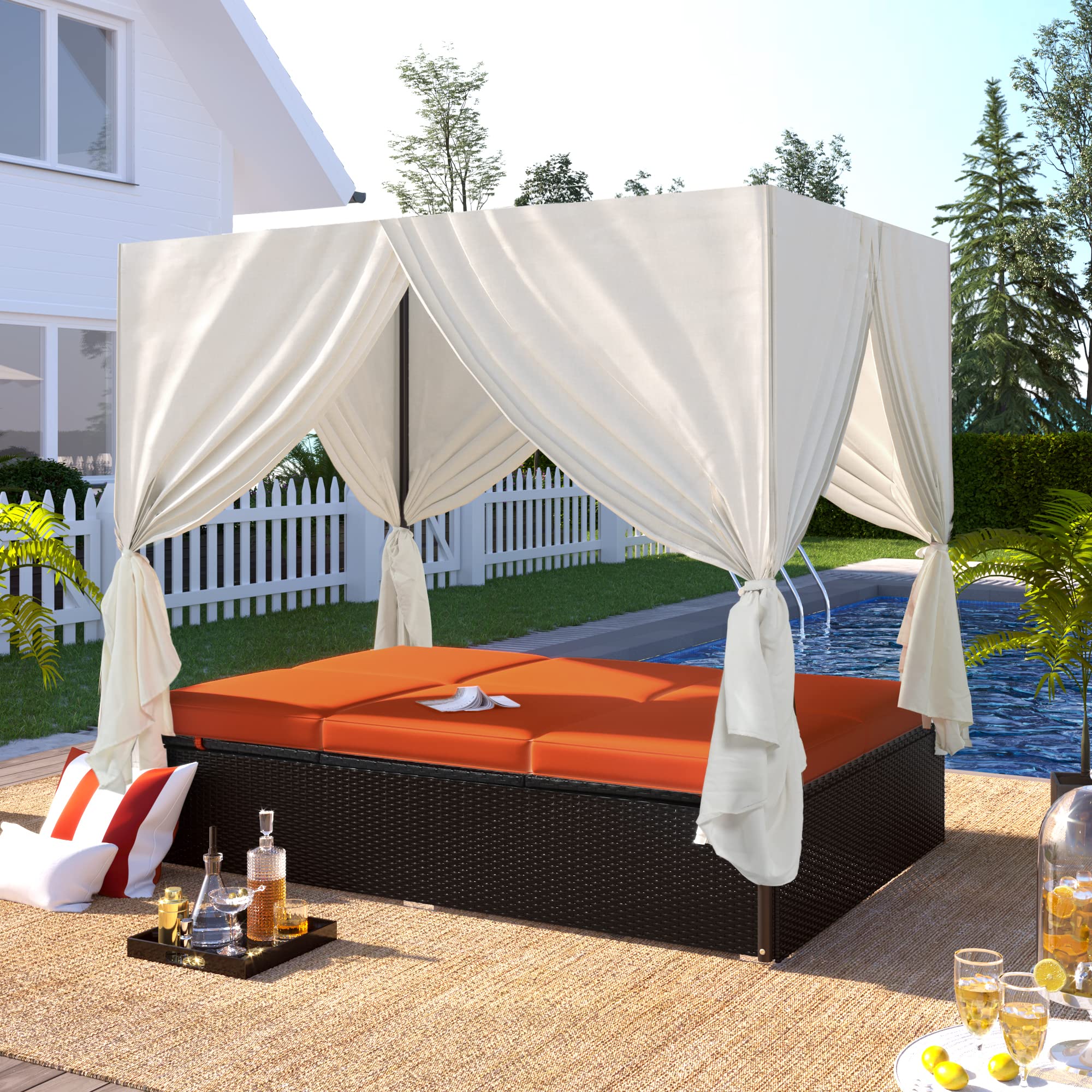 Premium Outdoor Patio PE Rattan Wicker Sunbed Daybed with Adjustable Seats, Cushions & 4-Sided Canopy - Waterproof Lounge Chaise for Poolside, Backyard, Deck, Garden (Black & Orange) - Perfect for Relaxing, Sunbathing & Outdoor Lounging