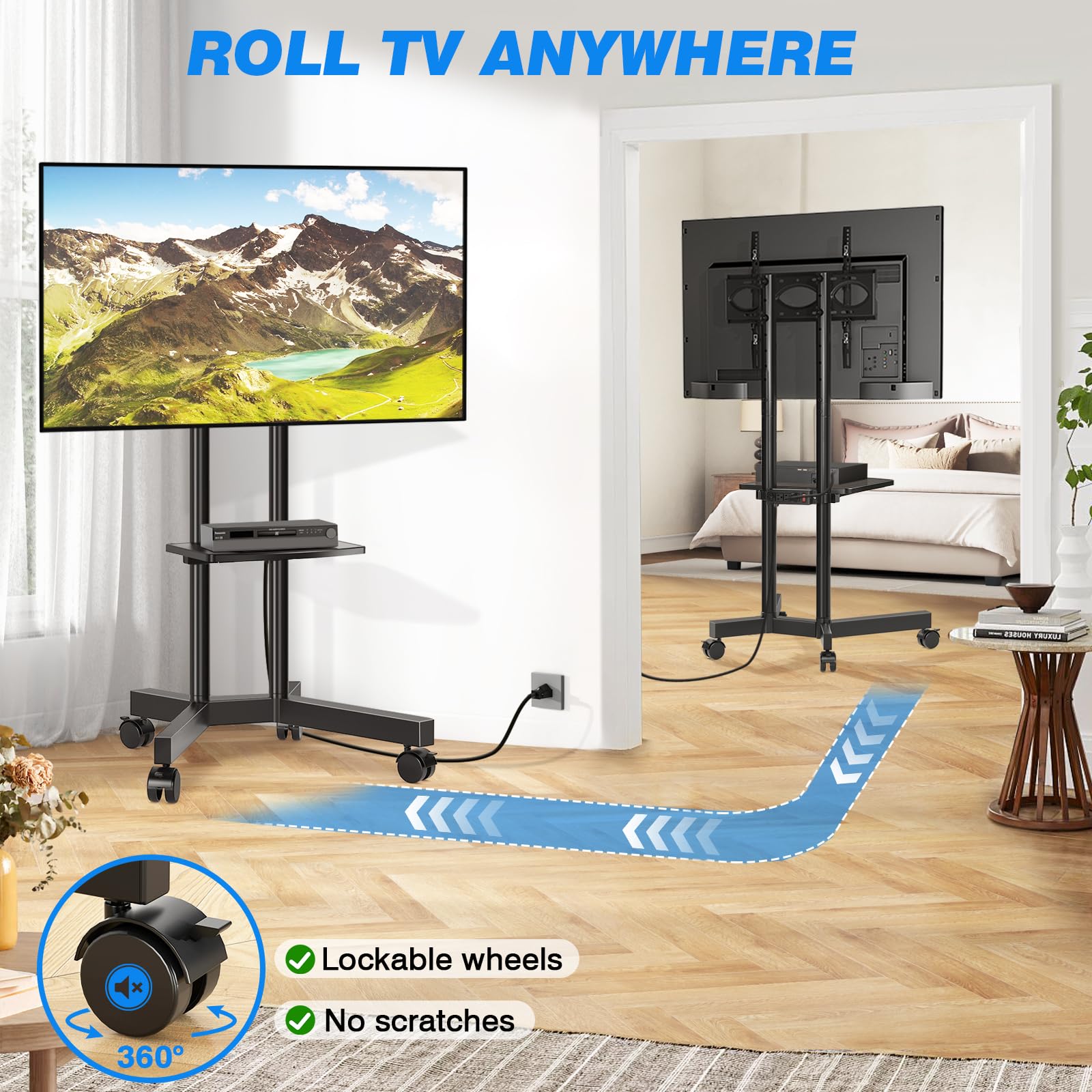 Rfiver Mobile TV Cart Rolling Stand with Power Outlet for 32-70 Inch Screens - Adjustable Height Portable TV Stand on Wheels for Home, Office & Outdoor Use - Heavy Duty TV Mount Stand with Shelf (Holds 88lbs) for Living Room, Bedroom & Patio Entertainment