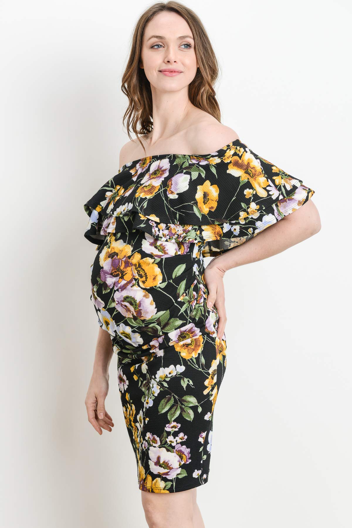 LaClef Women's Off Shoulder Maternity Dress with Double Ruffle - Comfortable Pregnancy Dress for Baby Shower, Maternity Photo Shoot & Summer Outfits