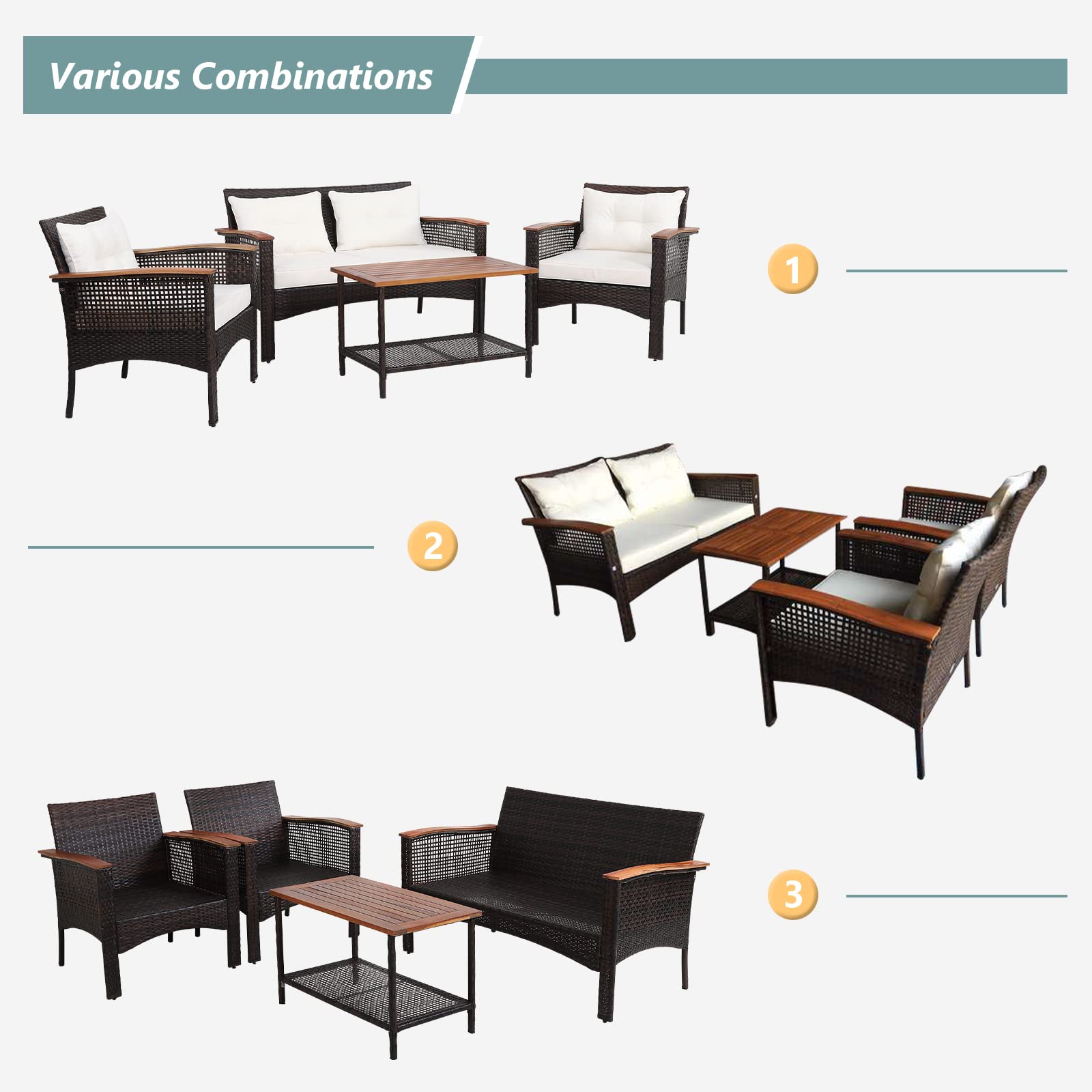 **HAPPYGRILL 4-Piece Outdoor Patio Furniture Set - Acacia Wood Sectional Sofa with Cushions & Coffee Table, PE Wicker Conversation Set for Garden, Poolside, Backyard & Outdoor Relaxation**