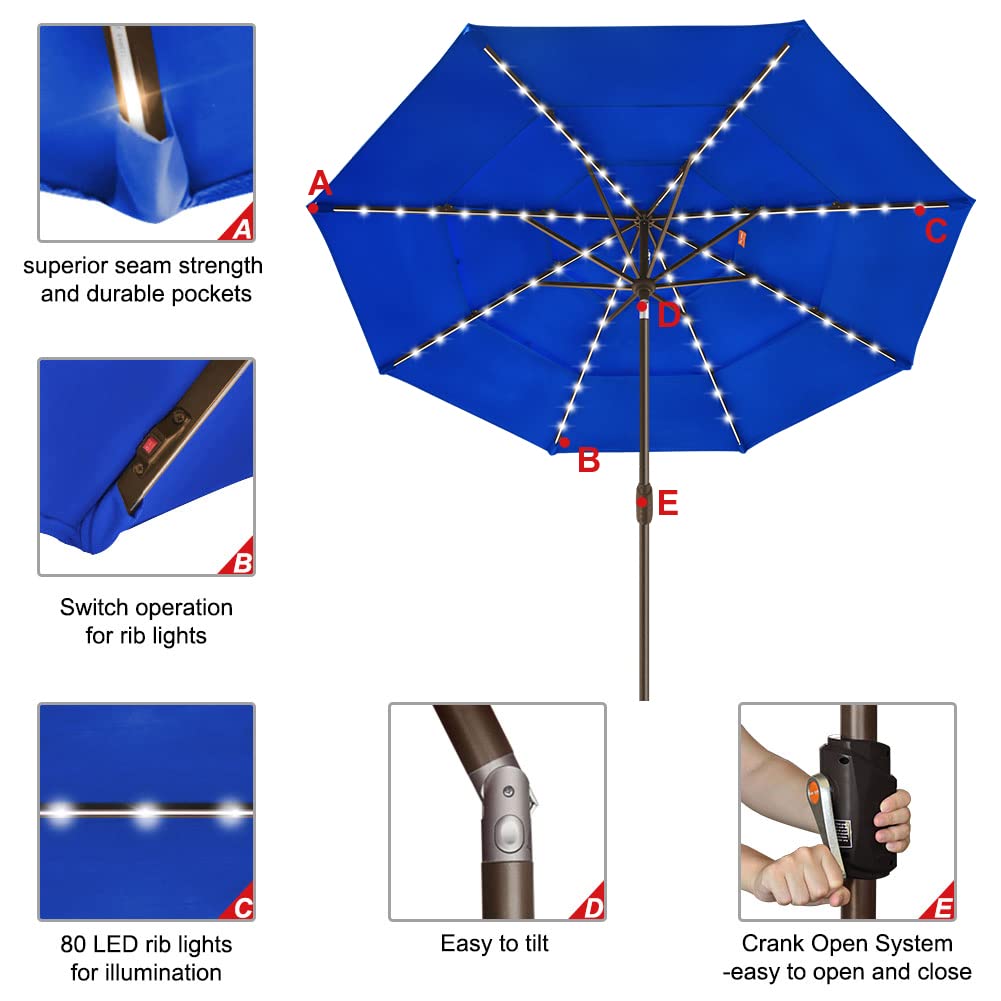 EliteShade USA 9ft Solar Powered 3-Tier Patio Umbrella with 80 LED Lights - Royal Blue Outdoor Market Umbrella with Ventilation & 5-Year Fade Resistant Canopy - Perfect for Backyard, Poolside, Restaurant & Outdoor Dining Areas