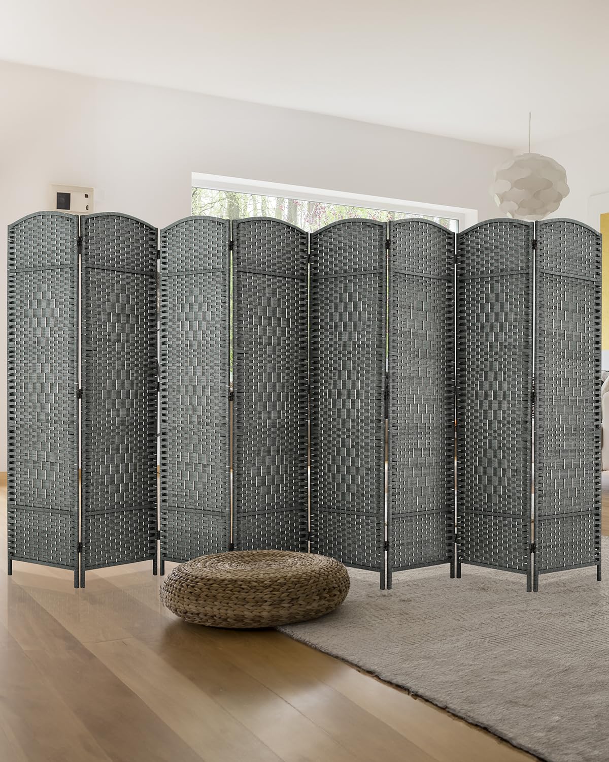 JOSTYLE 6ft Tall Extra Wide Folding Room Divider - Diamond Double-Weave Privacy Screen for Home & Office (Grey, 8-Panel) | Freestanding Partition for Bedroom, Living Room & Workspace