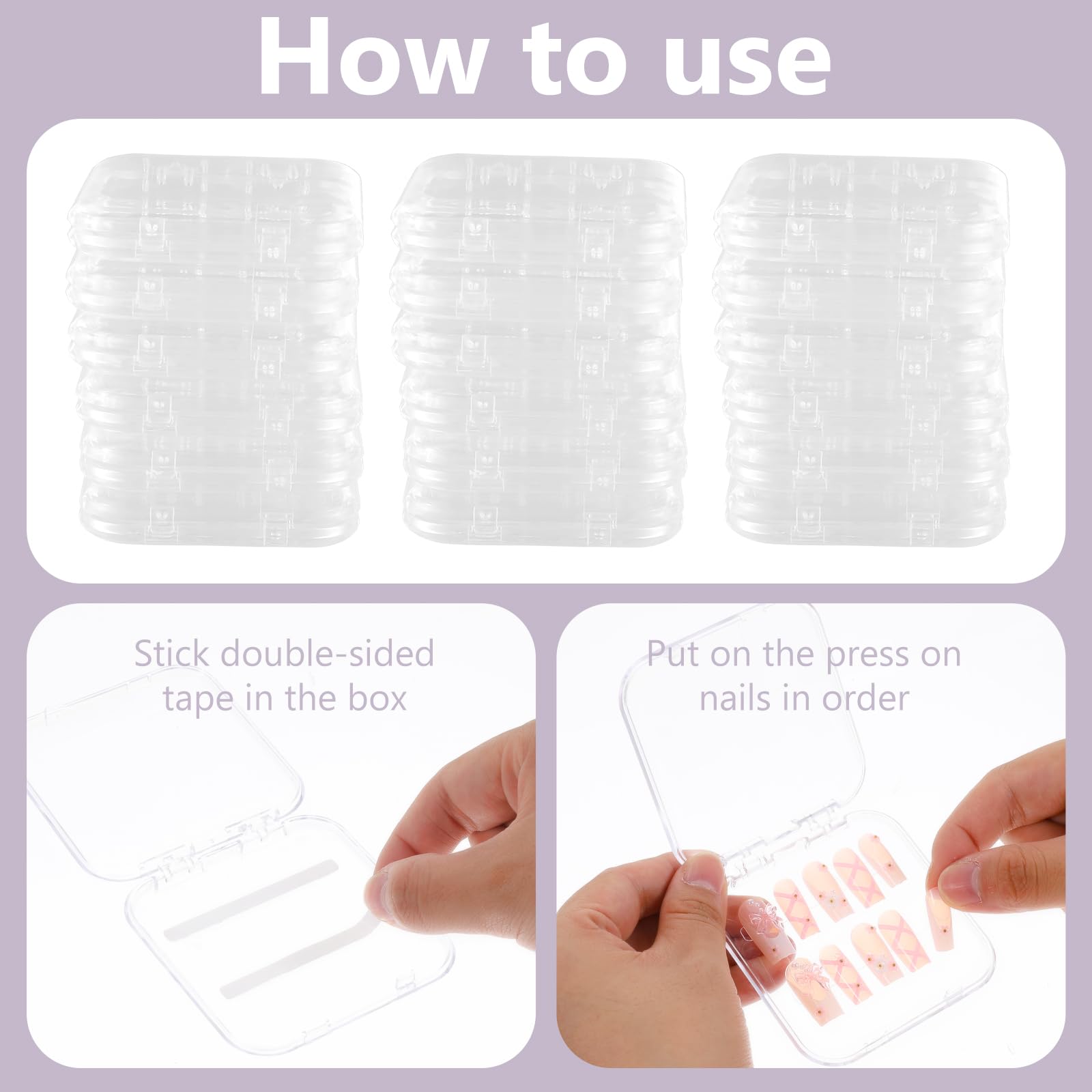 36Pcs Nail Box Organizer Case - Clear Press on Nails Display Storage with 3Pcs All-in-One Nail Box & 60pcs Double Sided Adhesive Tape | Perfect for Nail Art, Home Salon, Professional Nail Technicians & DIY Manicure Enthusiasts