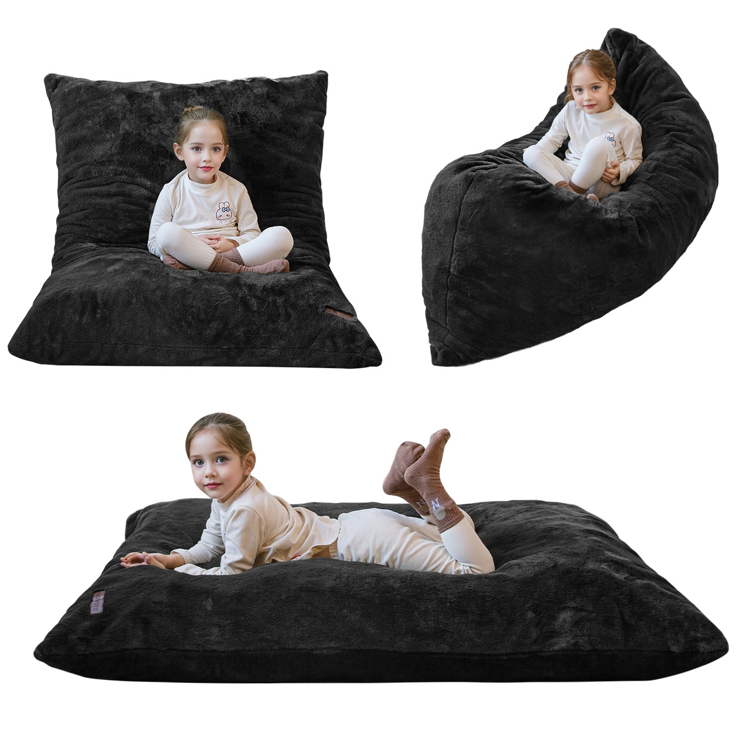 MAXYOYO 3-in-1 Kids Bean Bag Chair Bed - Convertible Faux Fur Floor Sofa for Children's Room, Gaming & Reading - Soft & Comfortable (Black) | Perfect for Playrooms, Bedrooms & Cozy Reading Nooks
