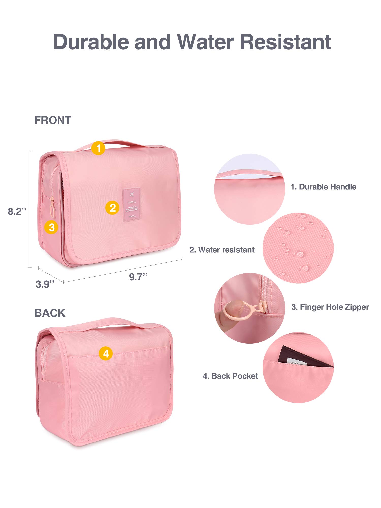 Luxtude Water-resistant Hanging Toiletry Bag for Women - Travel Cosmetic Organizer with Hook for Shower, Bathroom & On-the-Go | Perfect for Vacation, Gym & Business Trips (Pink)
