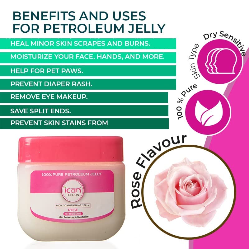 ICAN LONDON ROSE 100% Pure Petroleum Jelly 13oz (368g) - Moisturizing Skin Care for Dry Lips, Hands & Face | Multi-Purpose Healing Ointment for Babies & Adults