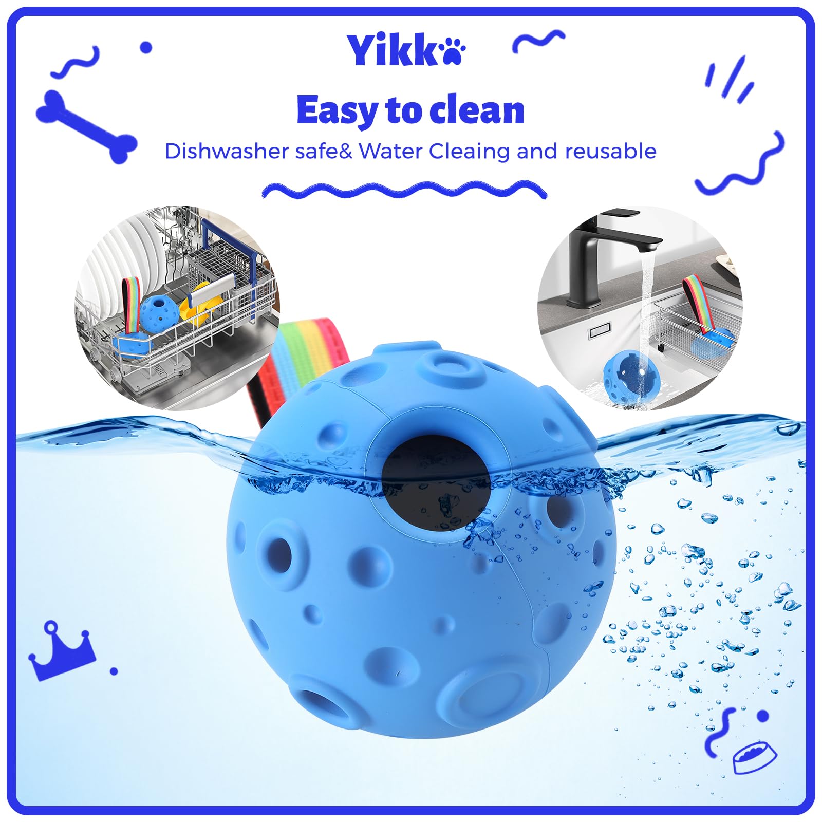 Yikko Interactive Dog Puzzle Toy - Fillable Frozen Enrichment Ball for Small to Large Dogs (10-80Lbs) | Durable Rubber Chew Toy for Indoor & Outdoor Play | Easy to Clean | Perfect Gift for Dog Birthday, Christmas & Training (Blue)
