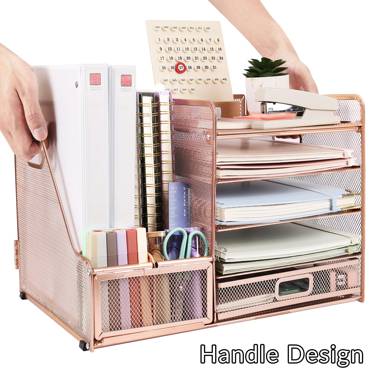 EOOUT 5-Tier Mesh Desk Organizer with File Holder & Magazine Storage - Rose Gold Office Desk Accessories for Paper, Letters, Documents | Perfect for Home Office, Study Room & Workspace Organization