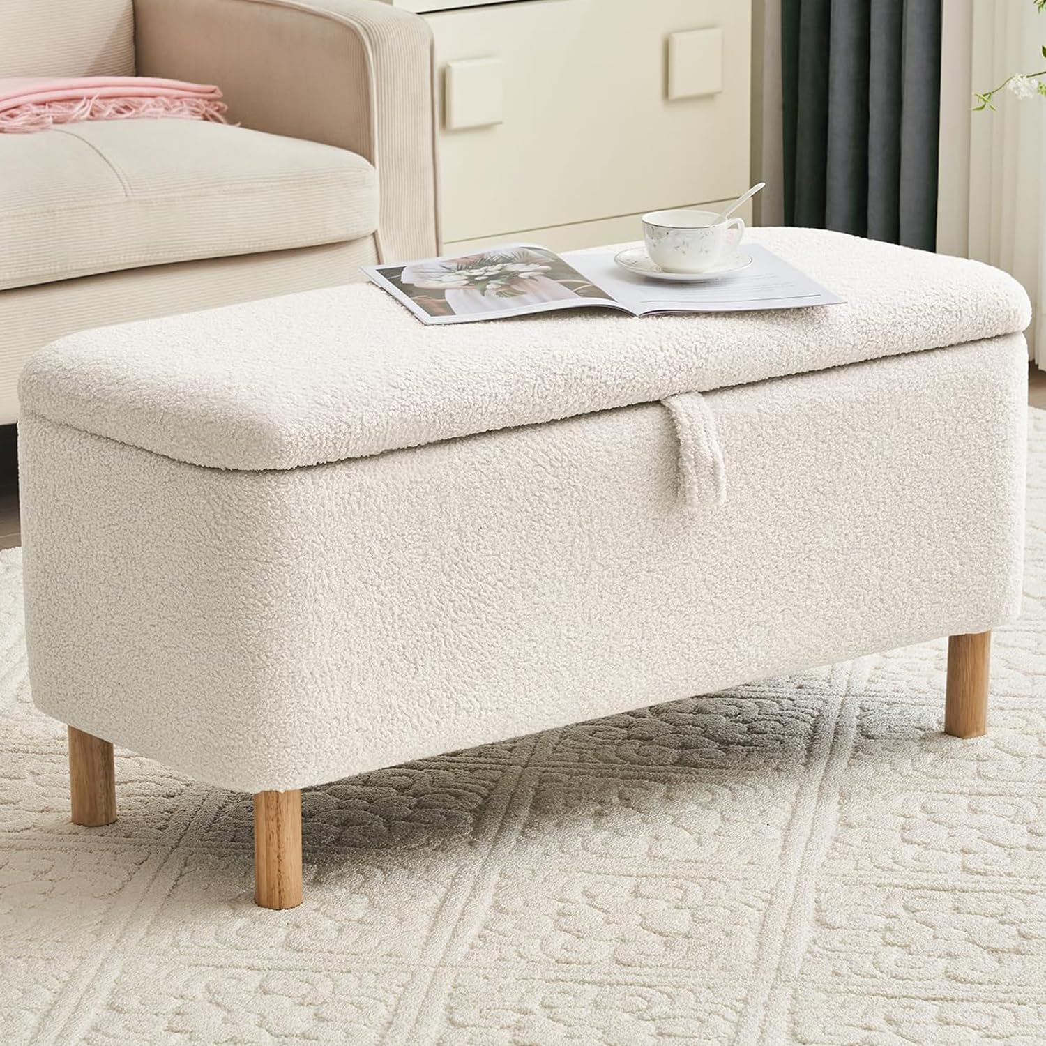 Sherpa Upholstered Storage Ottoman Bench - Rectangle Padded Blanket Chest for Bedroom, Living Room & Entryway | Multi-Functional Shoe Storage Seat with Cushion | Perfect for Bed Foot, Blanket Organization & Home Decor (Off White)