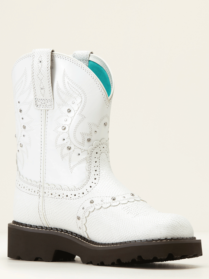 Ariat Women's Fatbaby Gembaby Western Boots - Snake Embossed White Leather Cowboy Boots for Country Dancing & Rodeo Events