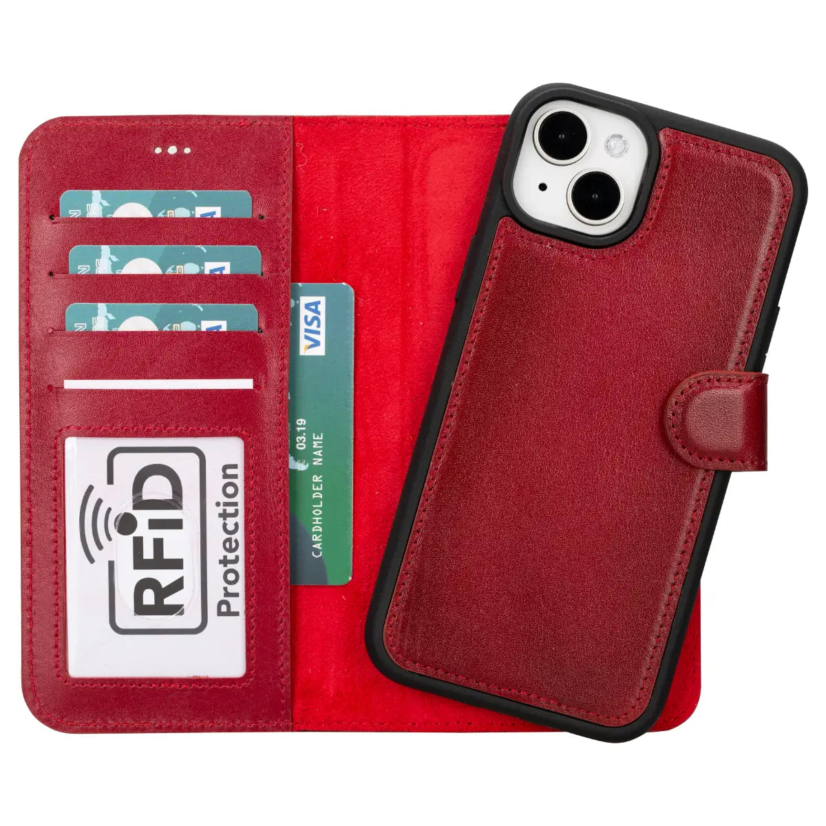 Premium Burnished Red Genuine Leather Wallet Case for iPhone 15 Plus - Slim Protective Cover with Card Slots | Perfect for Everyday Use, Travel & Business Meetings