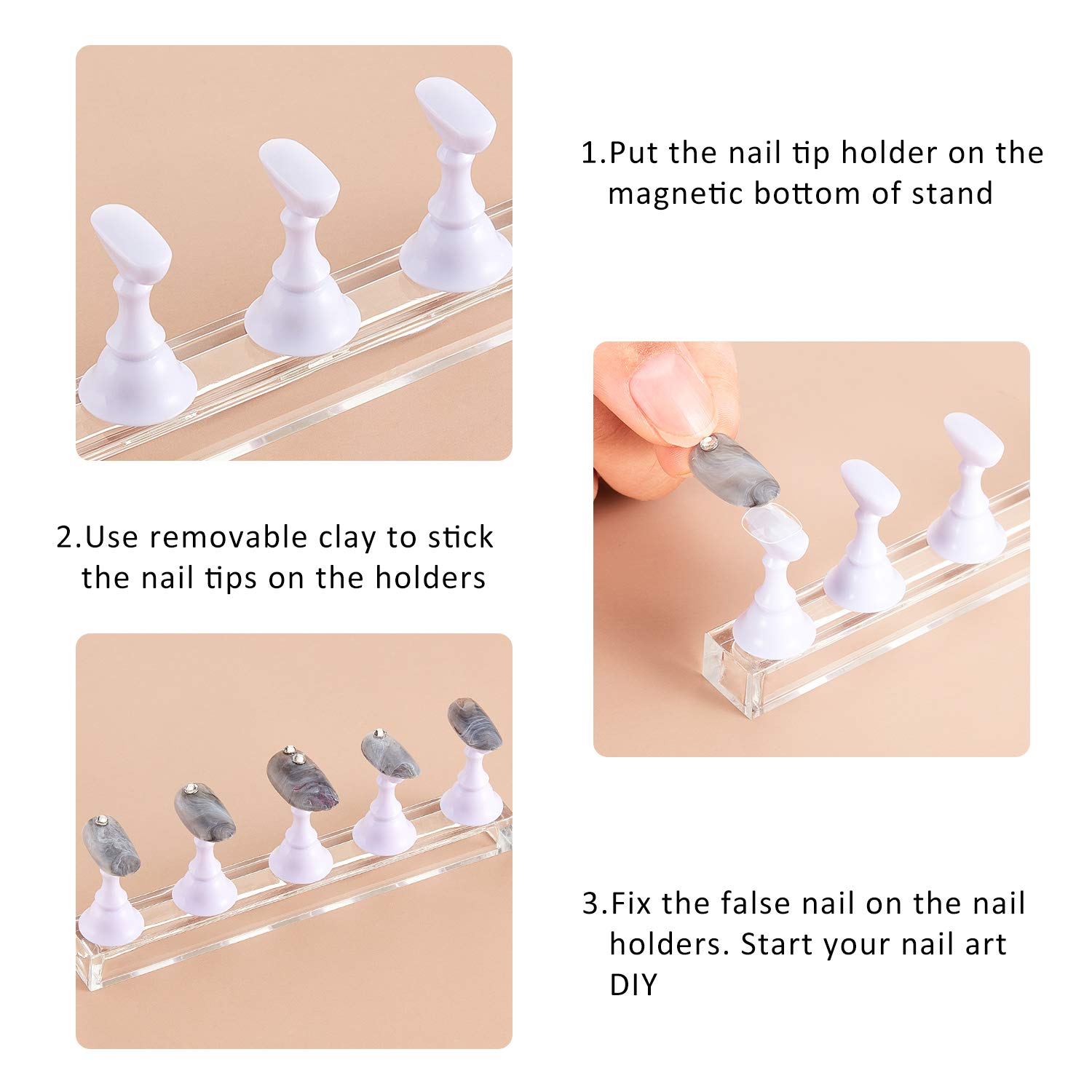 2 Sets Acrylic Nail Display Stand - Magnetic Nail Tip Practice Holder for DIY Manicure & Nail Art - False Nail Training Stand for Home Salon & Professional Use - Perfect for Nail Technicians, Beginners & Beauty Enthusiasts (White)