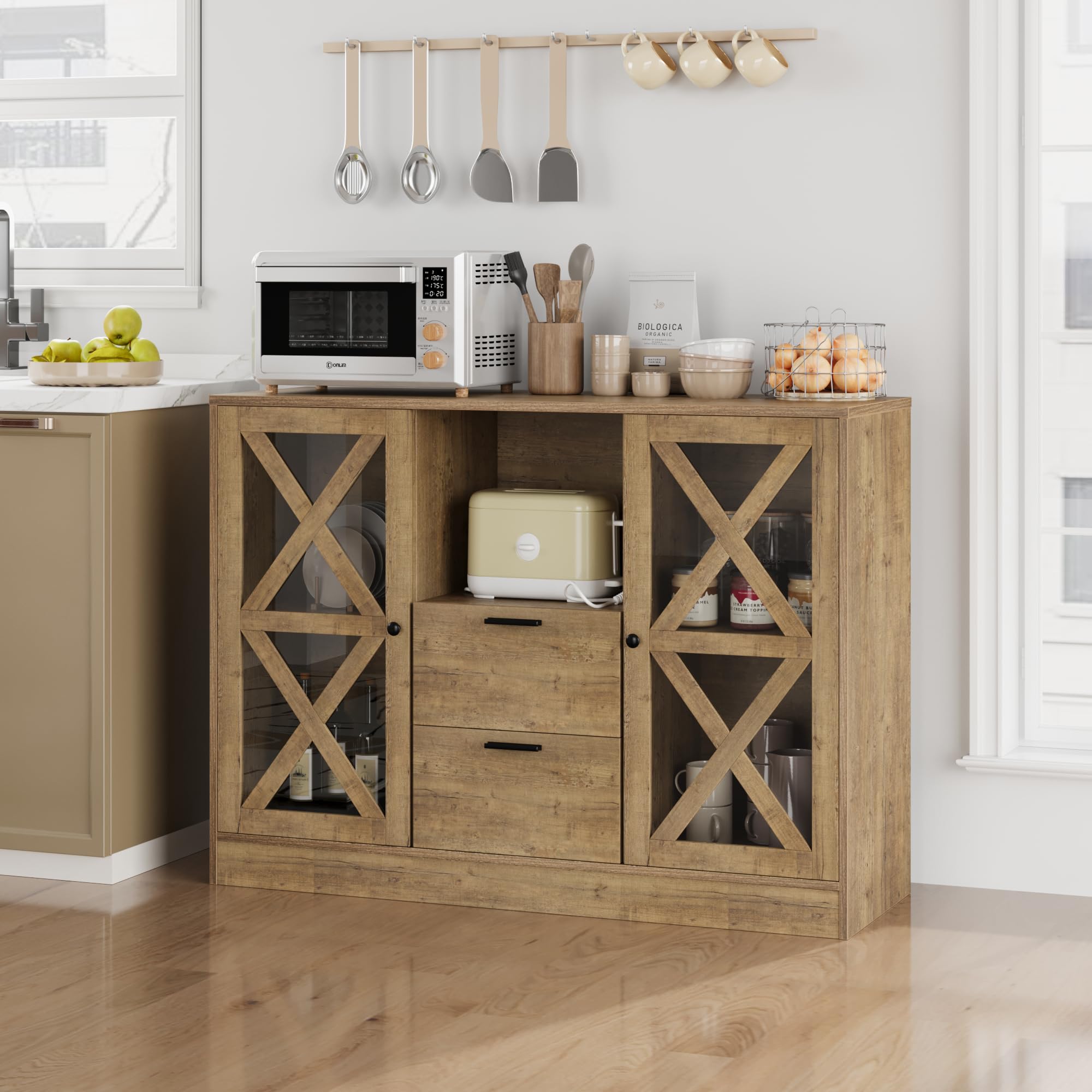 Buffet Cabinet with Storage & Drawers - Coffee Bar Sideboard with Glass Doors & Adjustable Shelves for Kitchen, Dining Room, Hallway | Perfect for Entertaining, Storage & Home Decor