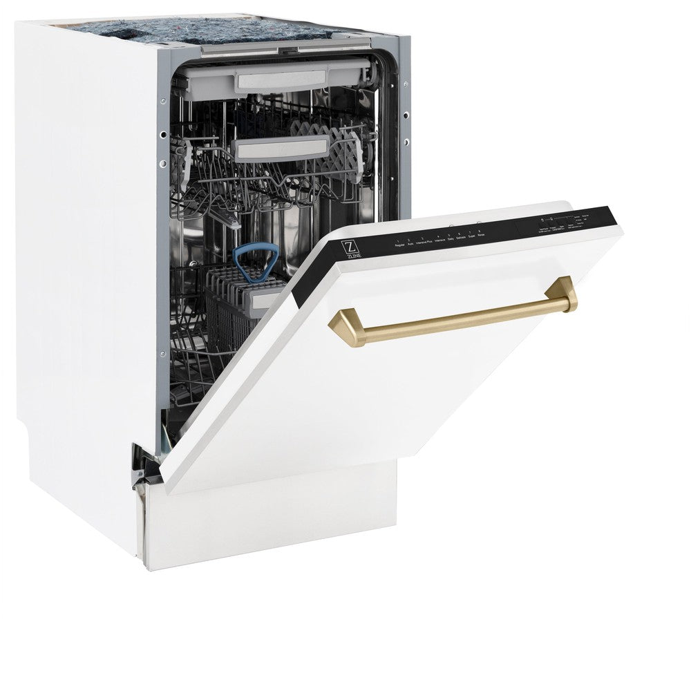 ZLINE Autograph Edition 18-Inch Compact Dishwasher with 3rd Rack - White Matte Finish & Champagne Bronze Handle, Ultra Quiet 51dBa (DWVZ WM 18 CB) - Perfect for Small Kitchens, Apartments, and RVs