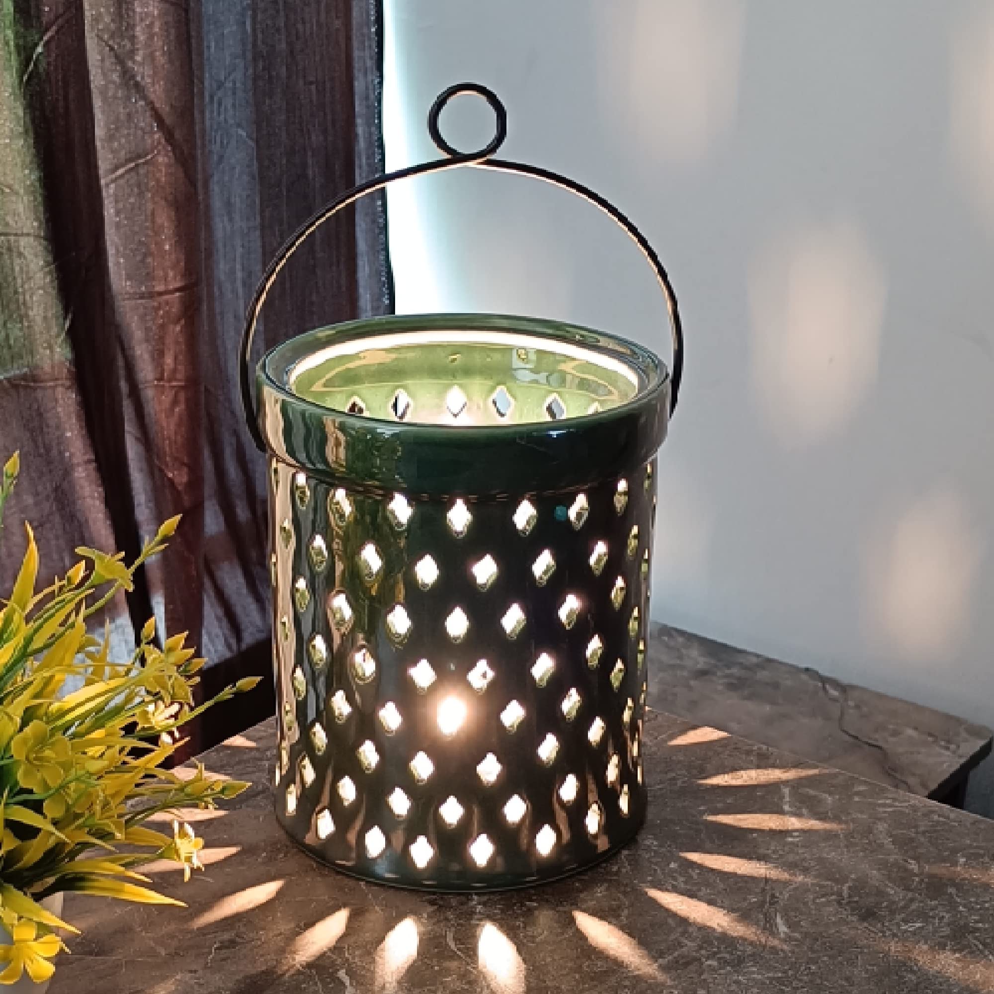 Ceramic Hanging Tealight Holder - Olive Diamond Cut Design for Home Decor, Office, Living Room, Bedroom & Restaurants | 12 Inch Decorative Candle Holder for Romantic Ambiance, Wedding Decor & Outdoor Parties