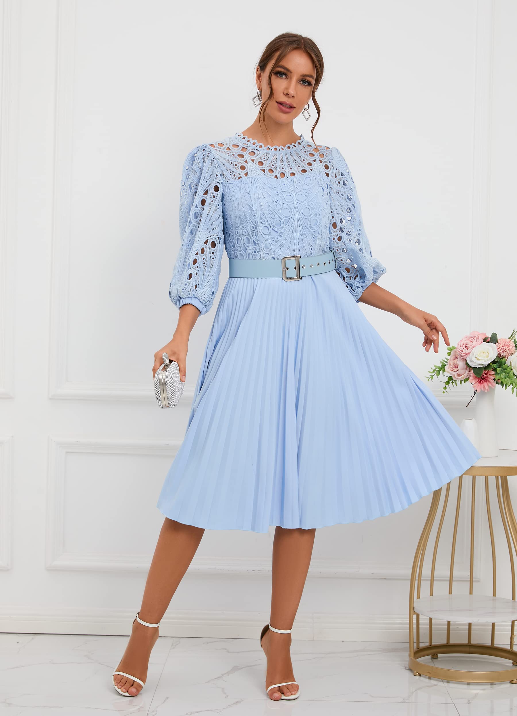 Elegant IWFEV Lace Pleated Midi Dress with Puff Sleeves - Hollow Out Design for Party, Evening Wear & Special Occasions | Perfect for Weddings, Cocktail Events & Date Nights