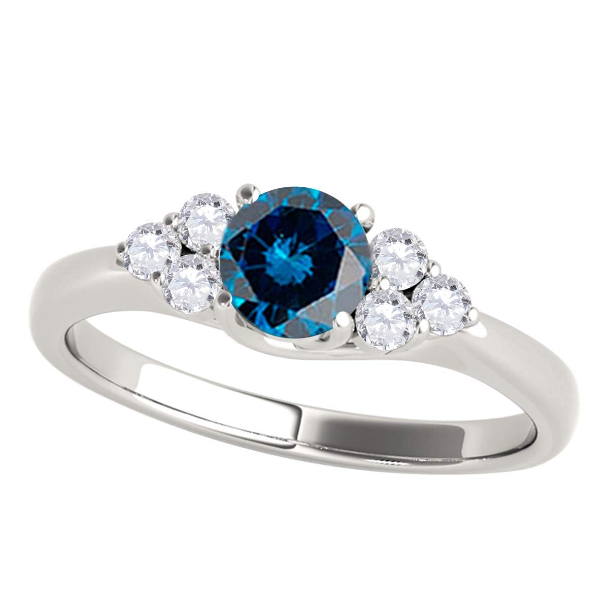 0.75 Carat Blue & White Diamond Seven Stone Engagement Ring in 10K White Gold - Perfect Valentine's Day Gift for Her, Anniversary Present, Wedding Proposal Jewelry
