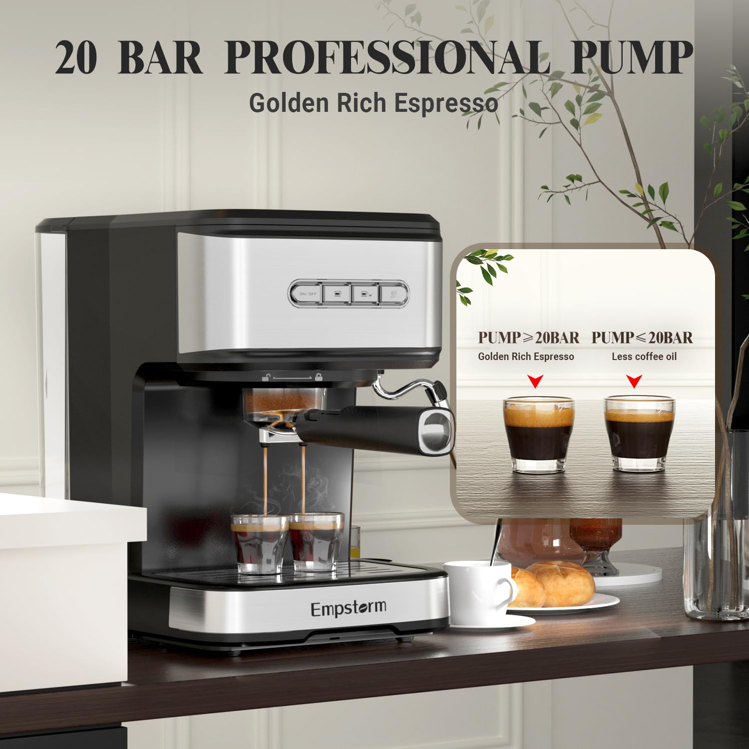 2 in 1 Espresso Maker with 20 Bar Pressure & 2-Pack 2oz Shot Glasses - Perfect for Home Baristas, Coffee Shops & Office Use