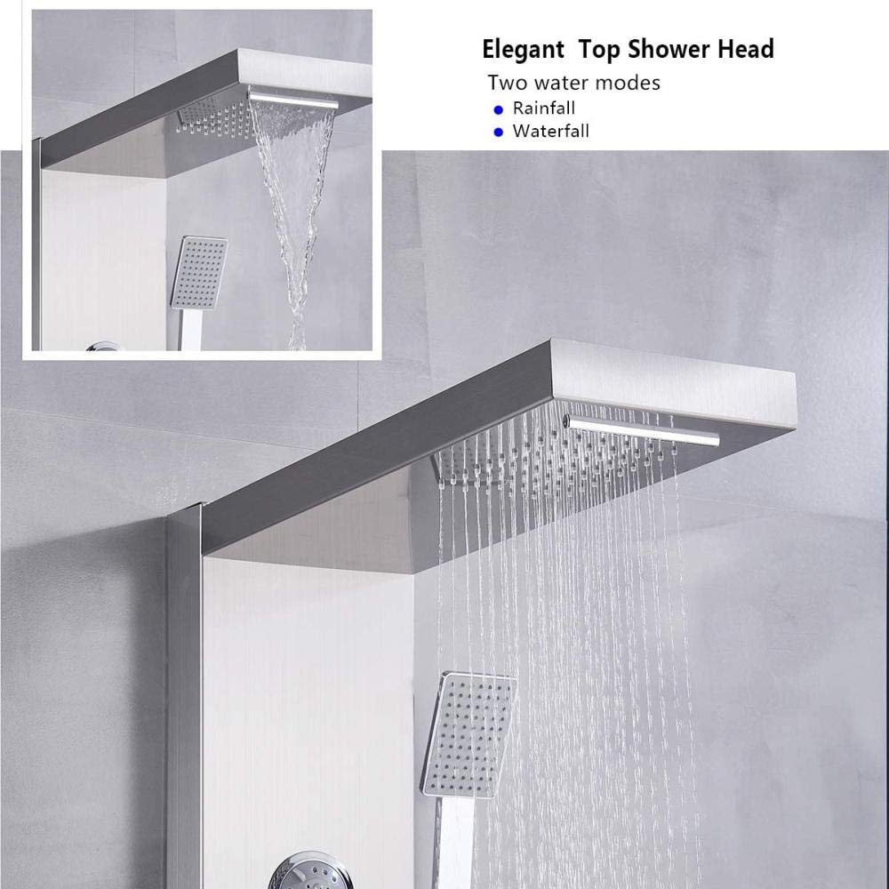 Premium 304 Stainless Steel Shower Panel Tower with 3 Massage Jets, Mixer Tap, Waterfall Rain Shower, Hand Shower & Tub Spout - Wall Mounted Bathroom Set for Luxury Spa Experience at Home