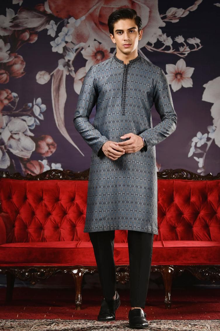 Stylish Blue & Grey Kurta by J. Junaid Jamshed - Traditional Pakistani Cotton Tunic for Men - Perfect for Eid, Weddings & Casual Wear