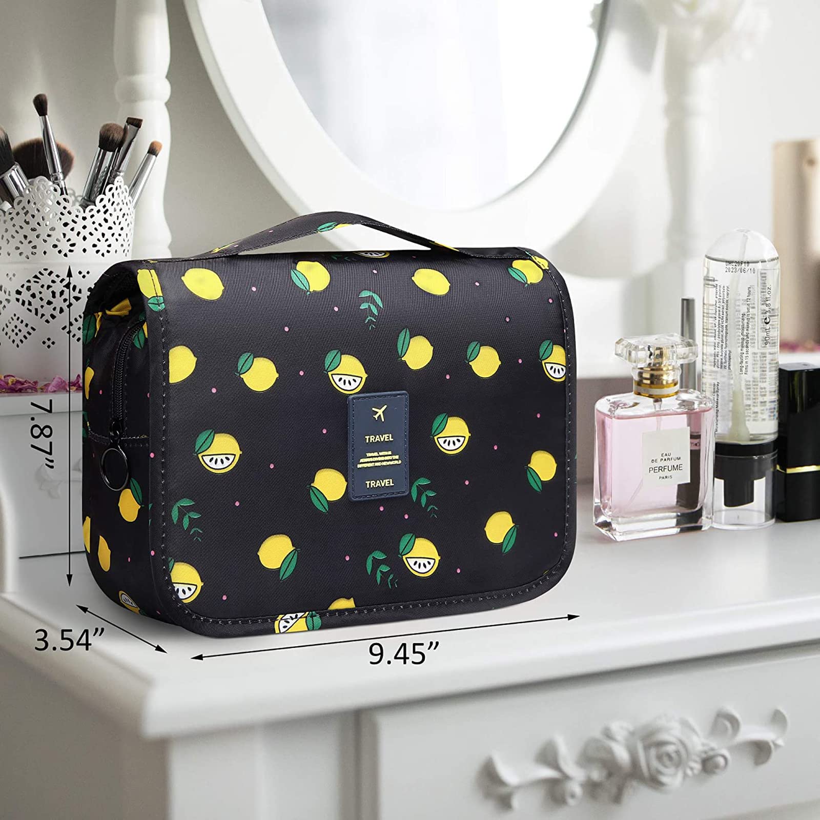 SxoSyo Premium Hanging Toiletry Bag for Women - Waterproof Travel Makeup Organizer with Hook, Cosmetic & Shower Bathroom Bag (Yellow Lemon) | Perfect for Travel, Gym, Camping & Daily Use